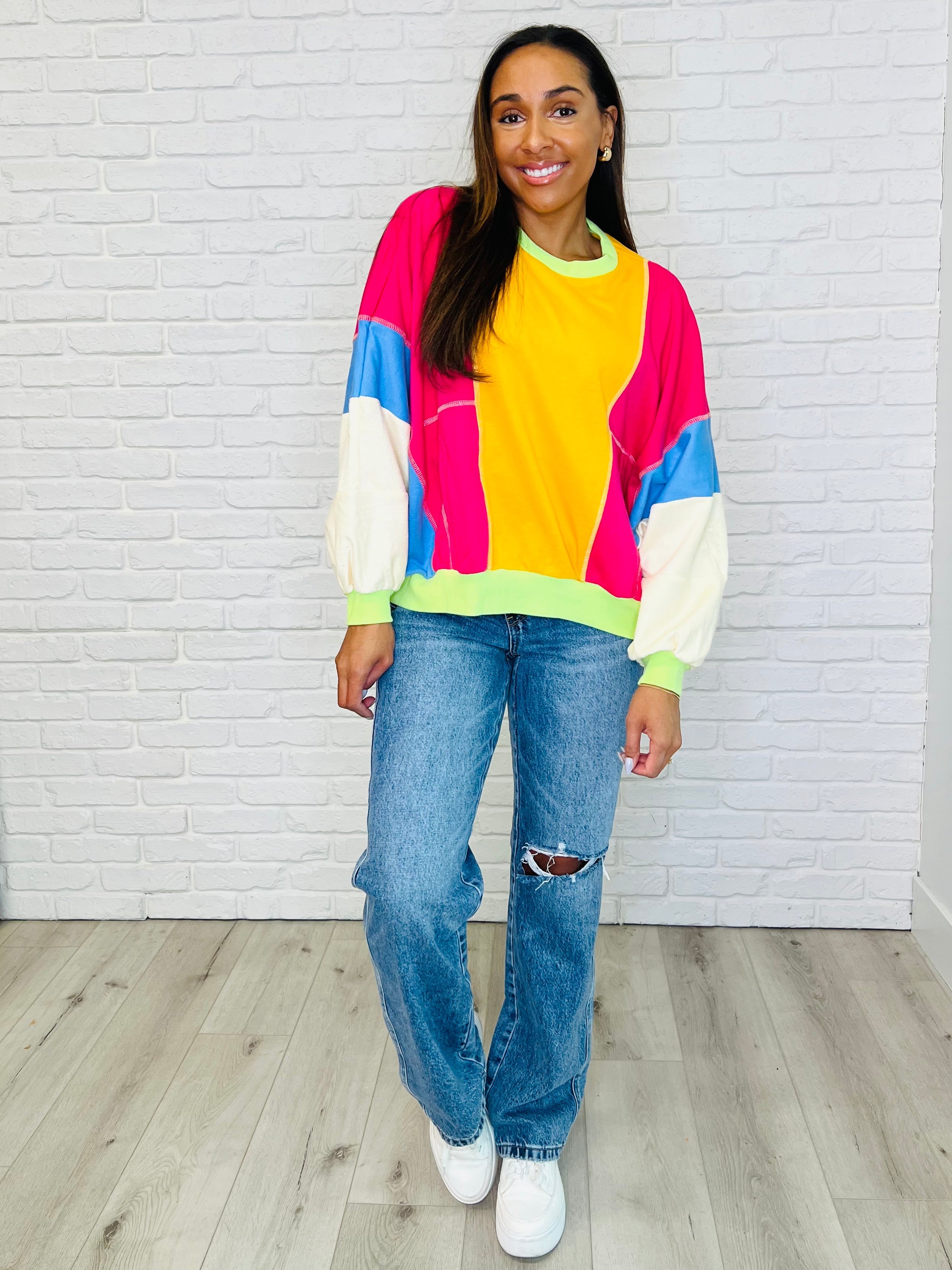 Blockbuster Color Block Pullover in Bright-Womens-Stay Foxy Boutique, Florissant, Missouri