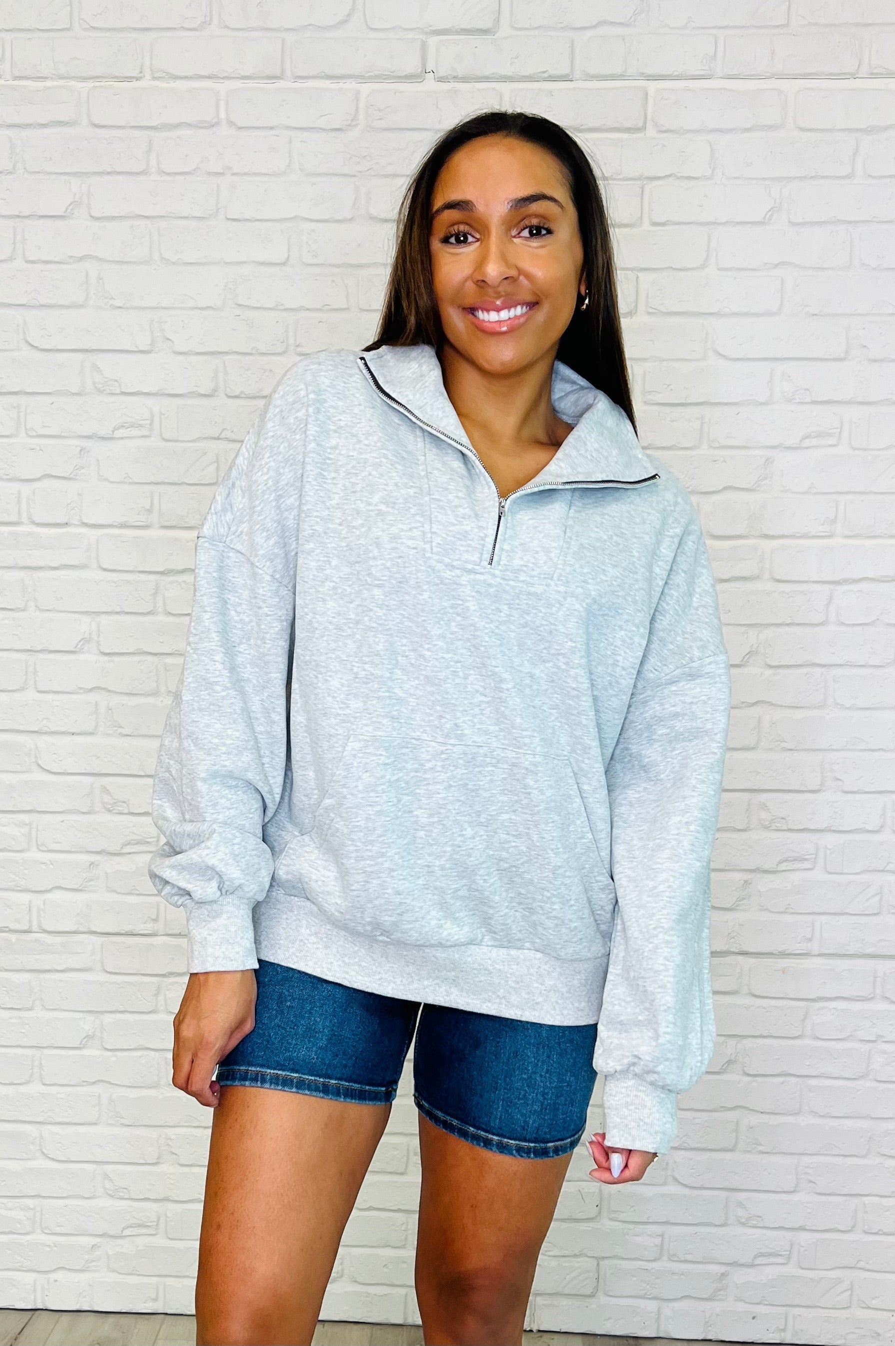 Bonbon Delight Half Zip Pullover in Grey-Womens-Stay Foxy Boutique, Florissant, Missouri