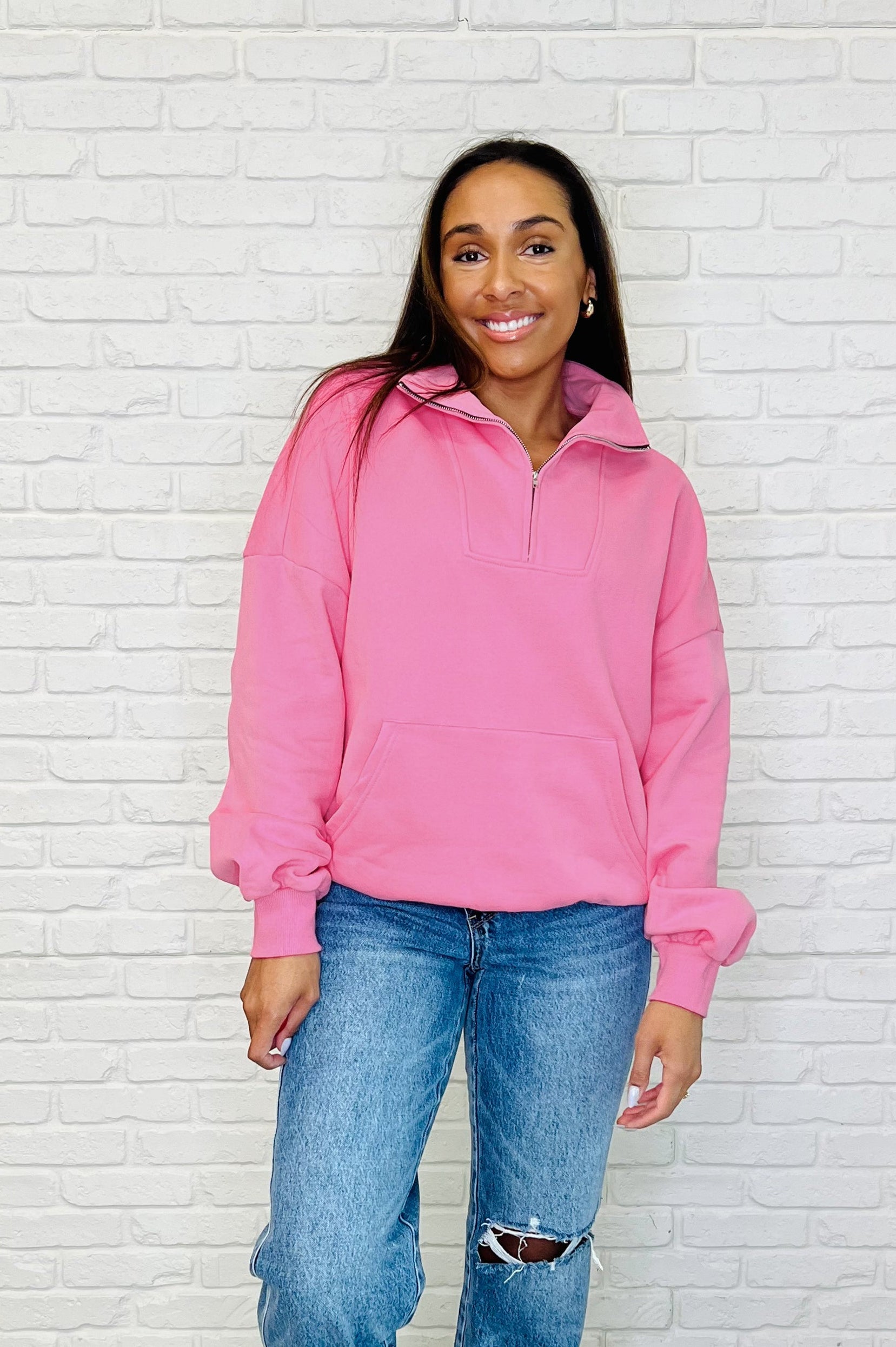 Bonbon Delight Half Zip Pullover in Pink-Womens-Stay Foxy Boutique, Florissant, Missouri