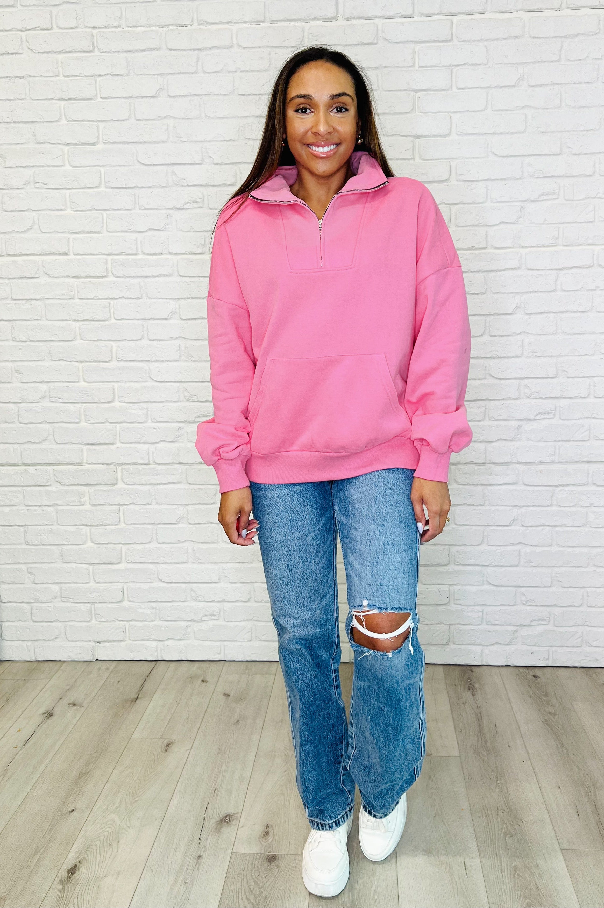 Bonbon Delight Half Zip Pullover in Pink-Womens-Stay Foxy Boutique, Florissant, Missouri