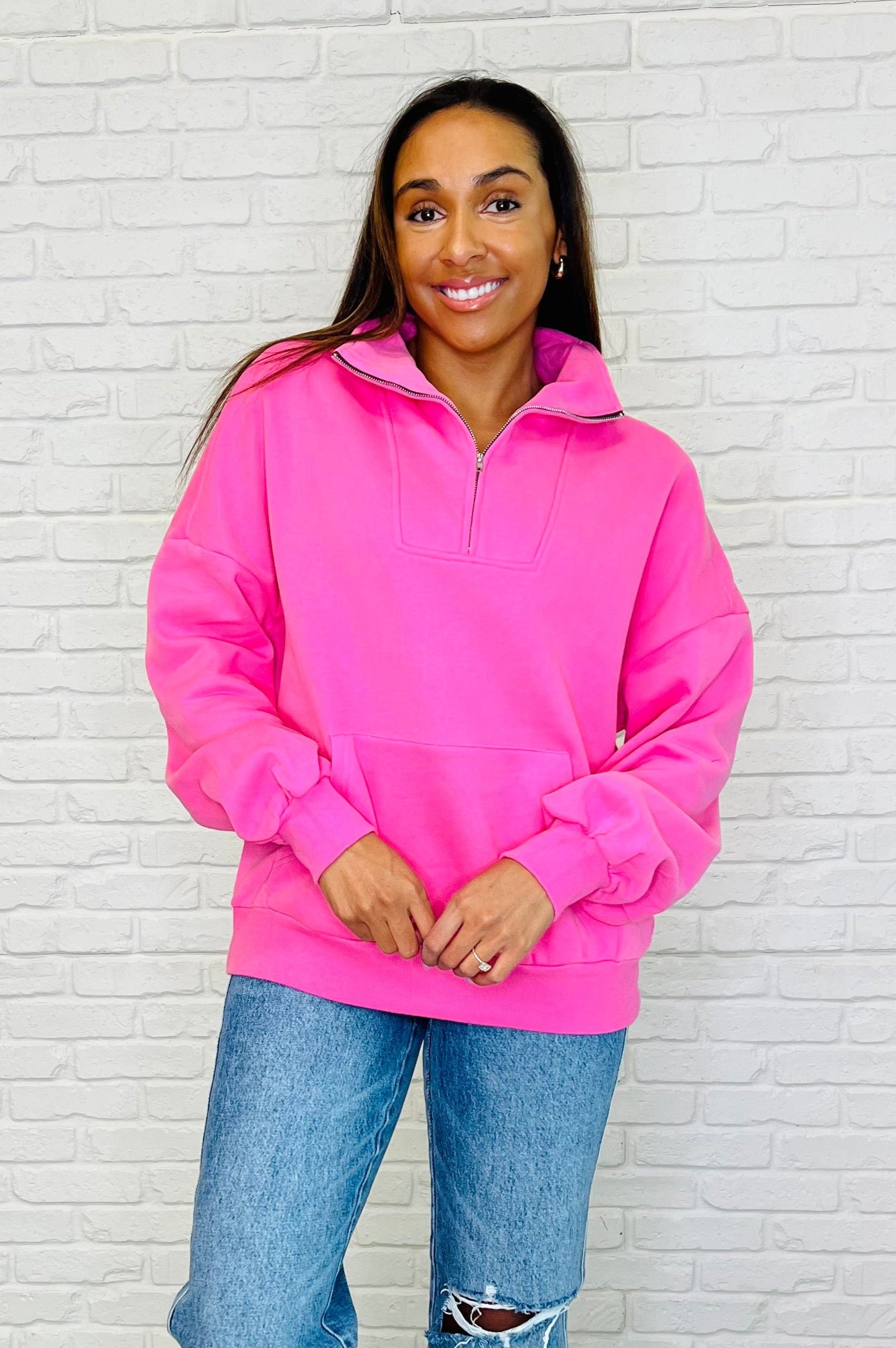 Bonbon Delight Half Zip Pullover in Pink-Womens-Stay Foxy Boutique, Florissant, Missouri