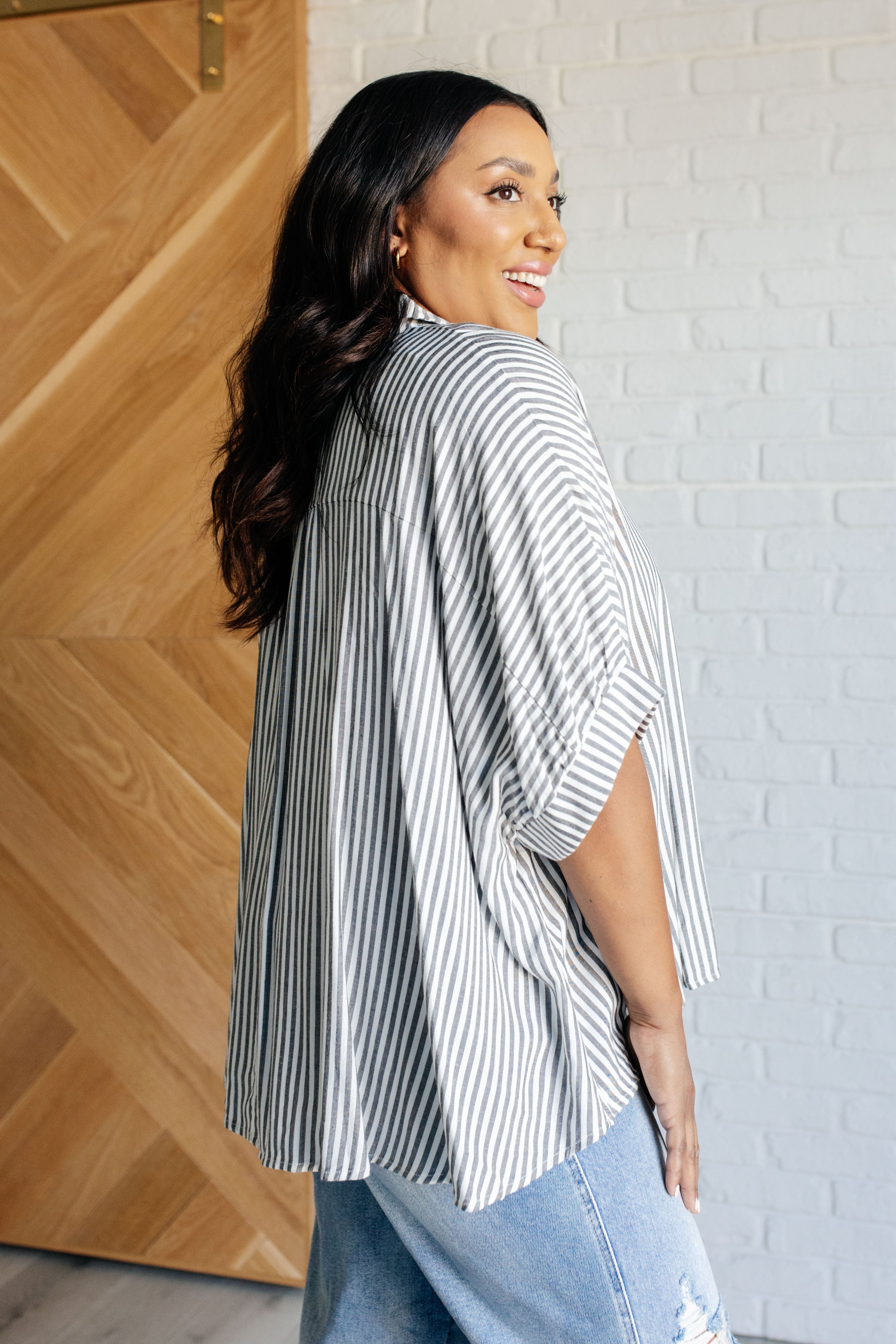 Boxy Striped Button Up in Black-Tops-Stay Foxy Boutique, Florissant, Missouri