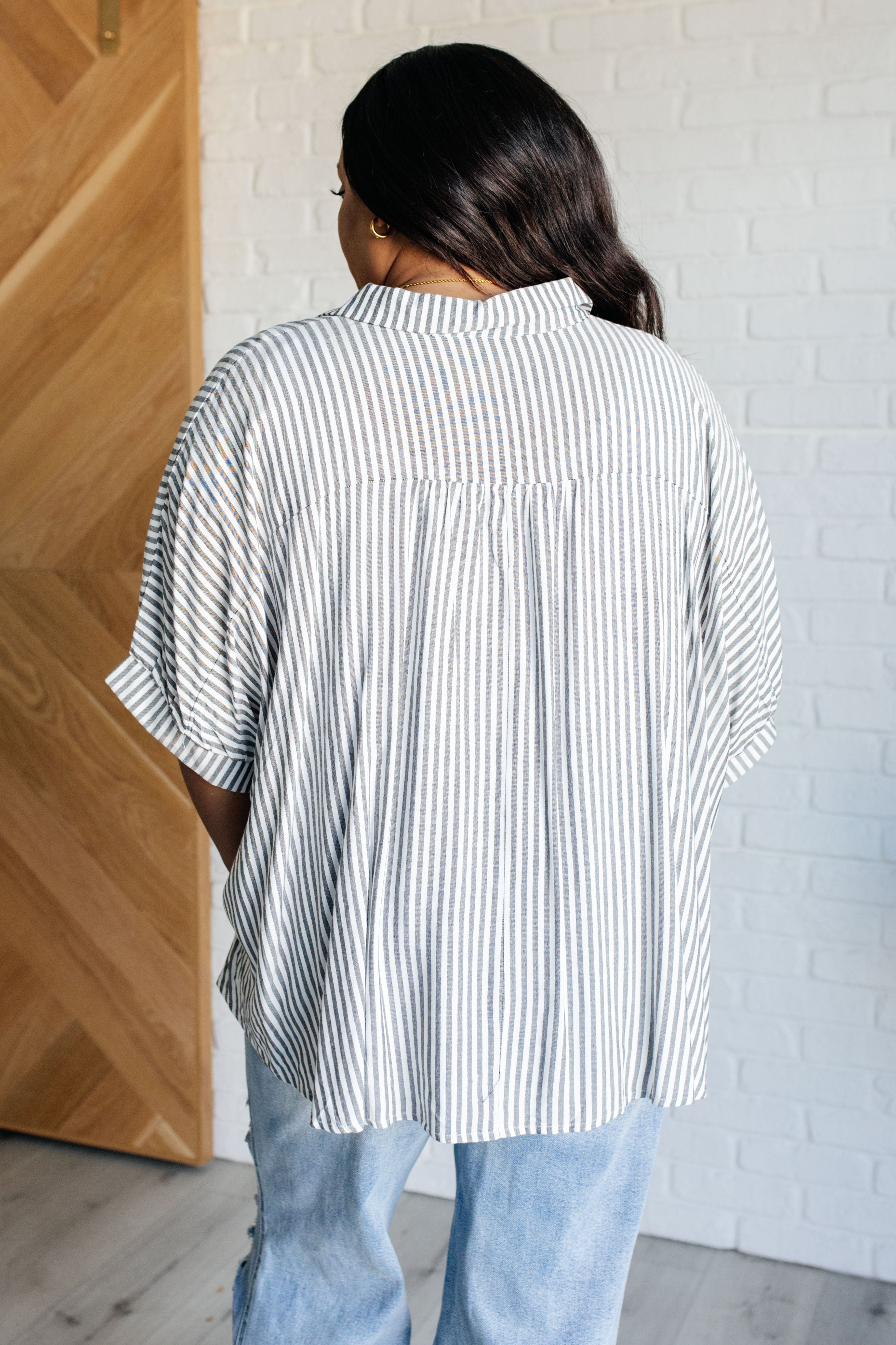 Boxy Striped Button Up in Black-Tops-Stay Foxy Boutique, Florissant, Missouri