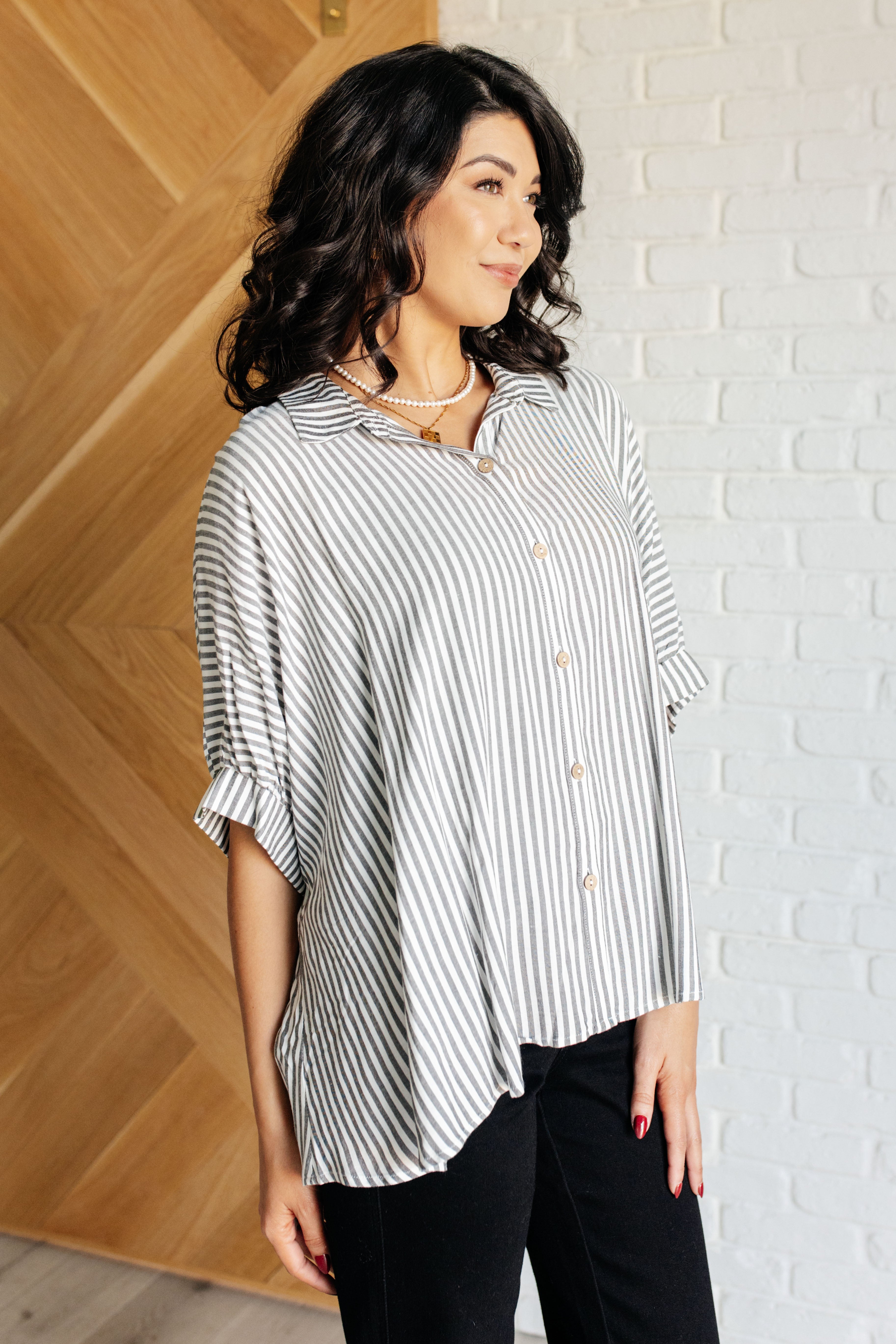 Boxy Striped Button Up in Black-Tops-Stay Foxy Boutique, Florissant, Missouri