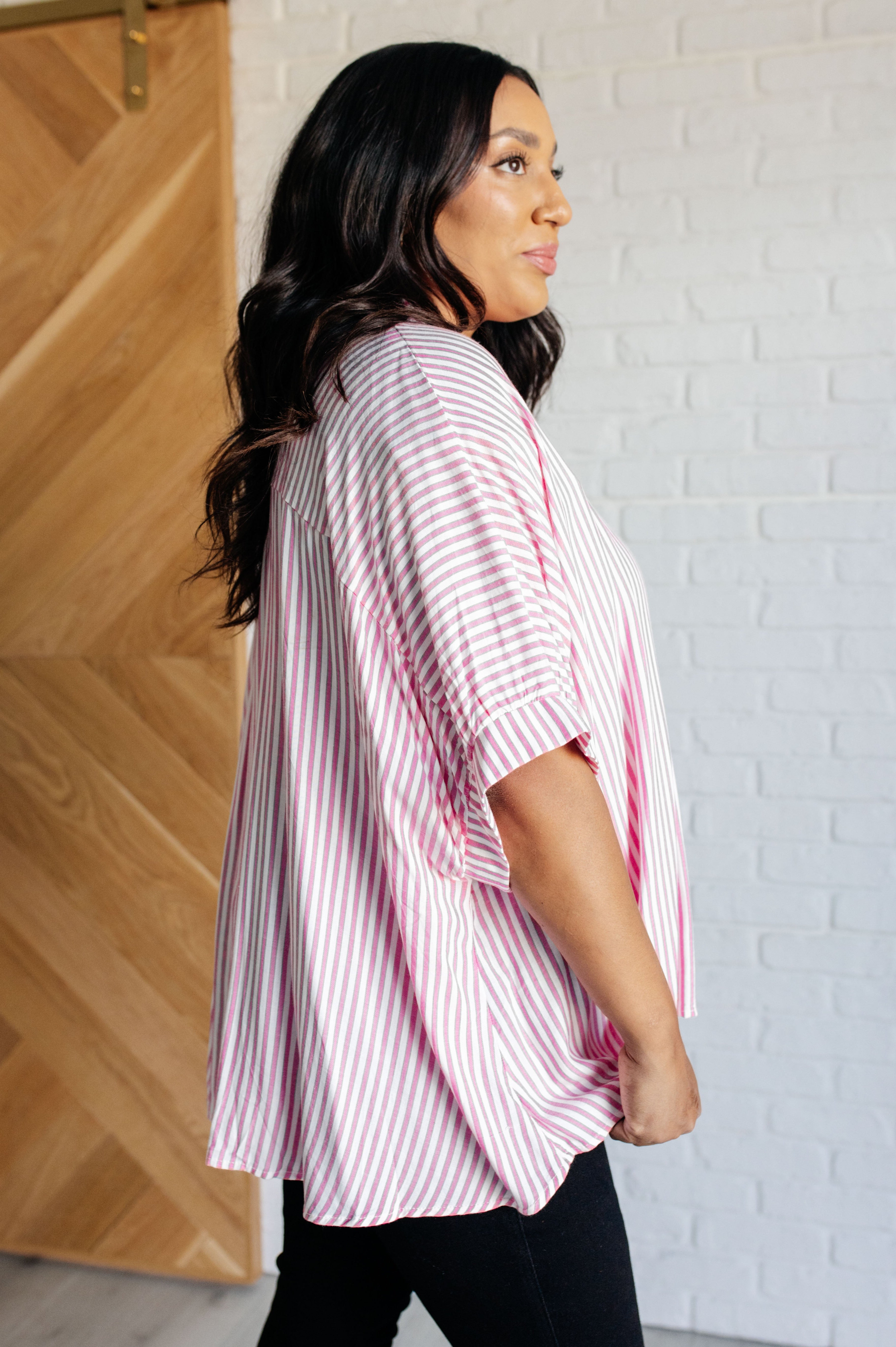 Boxy Striped Button Up in Hot Pink-Tops-Stay Foxy Boutique, Florissant, Missouri