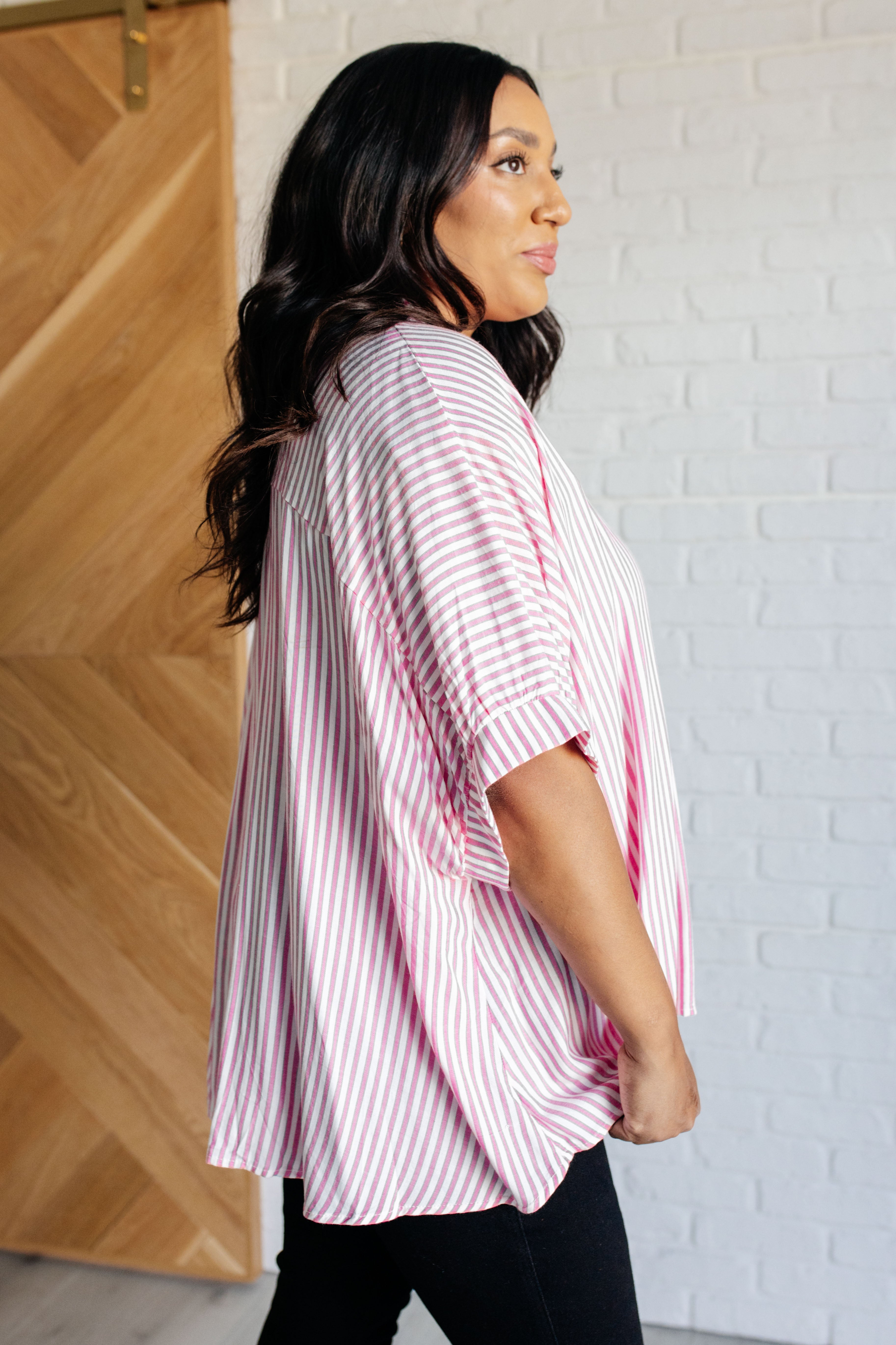 Boxy Striped Button Up in Hot Pink-Tops-Stay Foxy Boutique, Florissant, Missouri