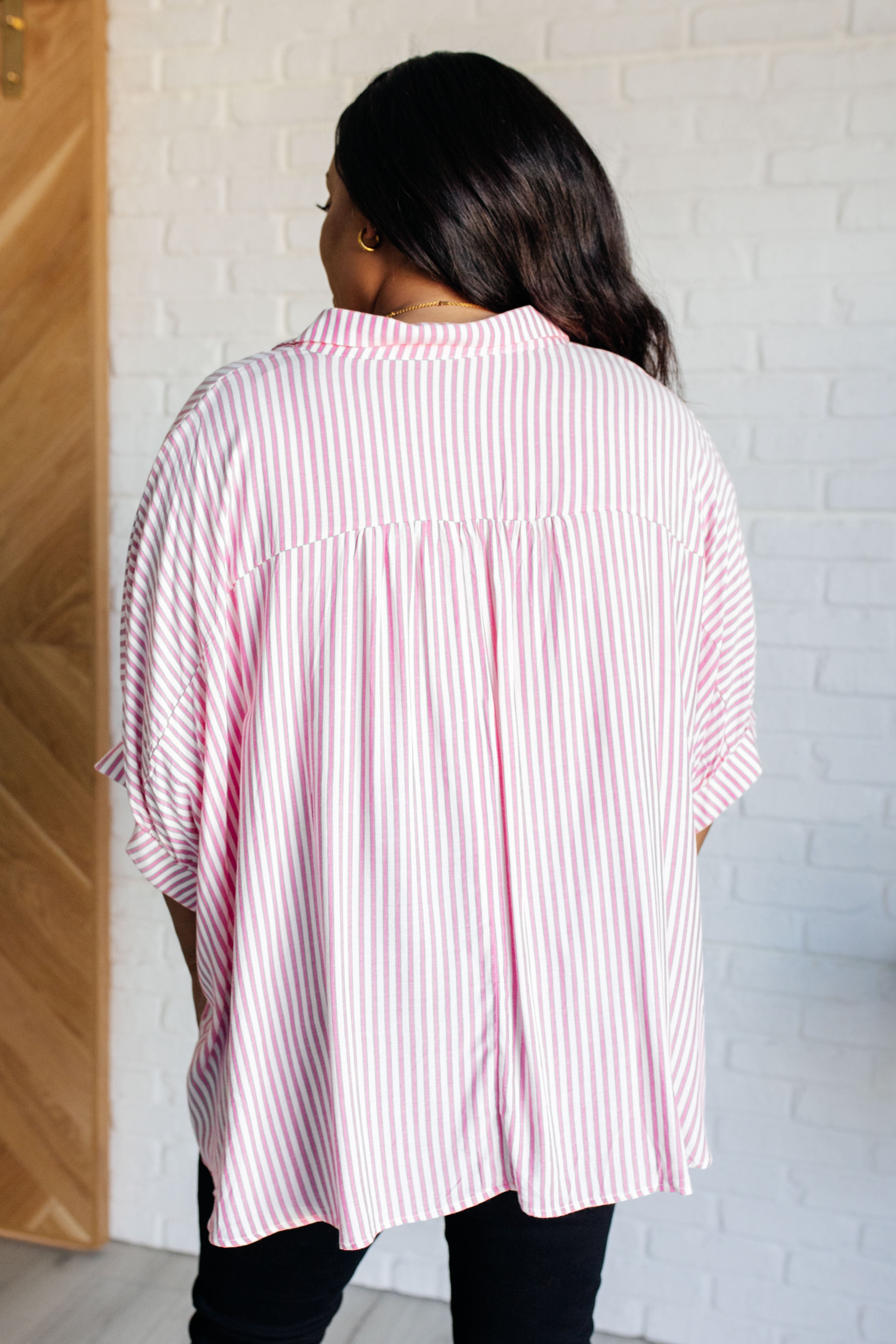 Boxy Striped Button Up in Hot Pink-Tops-Stay Foxy Boutique, Florissant, Missouri
