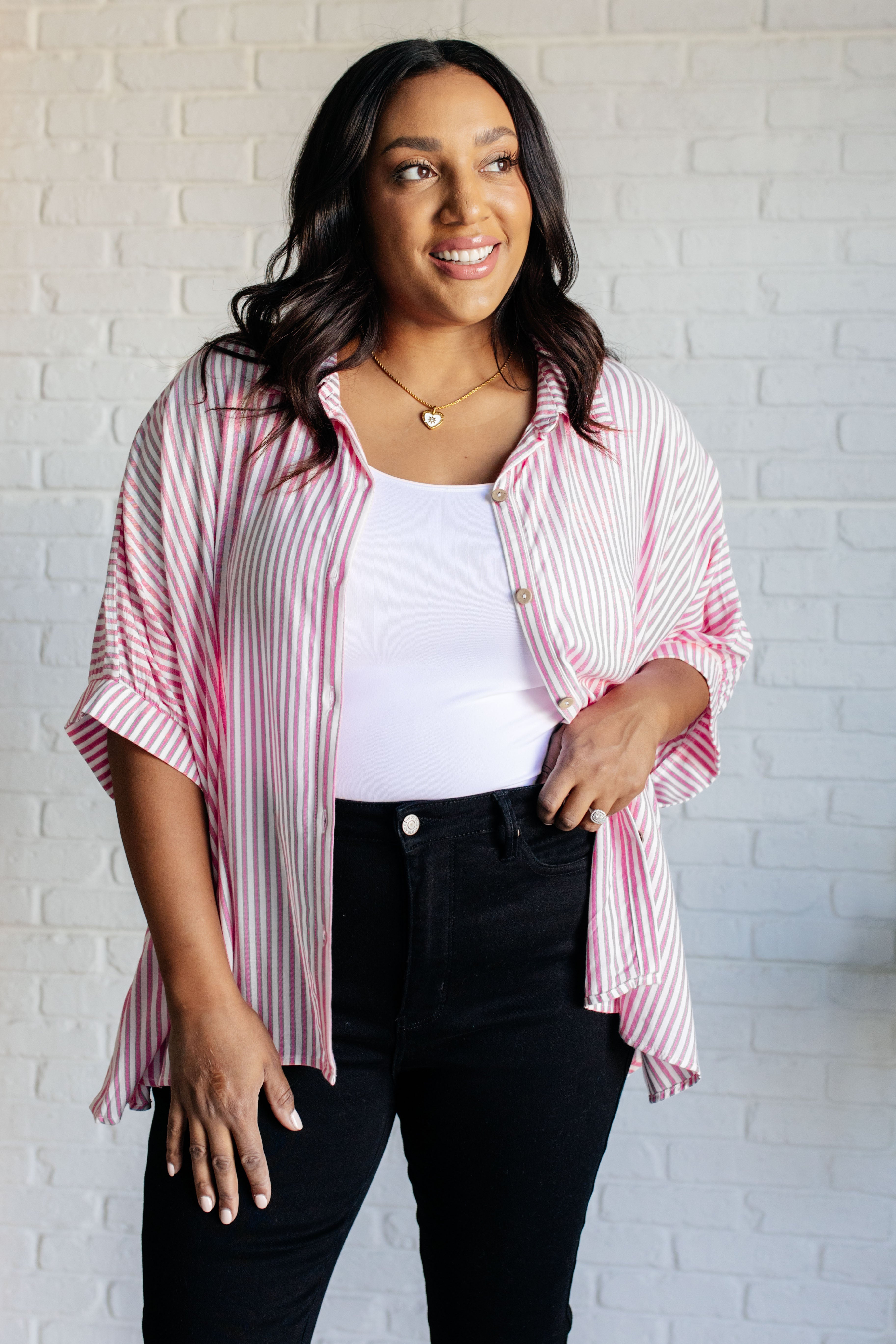Boxy Striped Button Up in Hot Pink-Tops-Stay Foxy Boutique, Florissant, Missouri