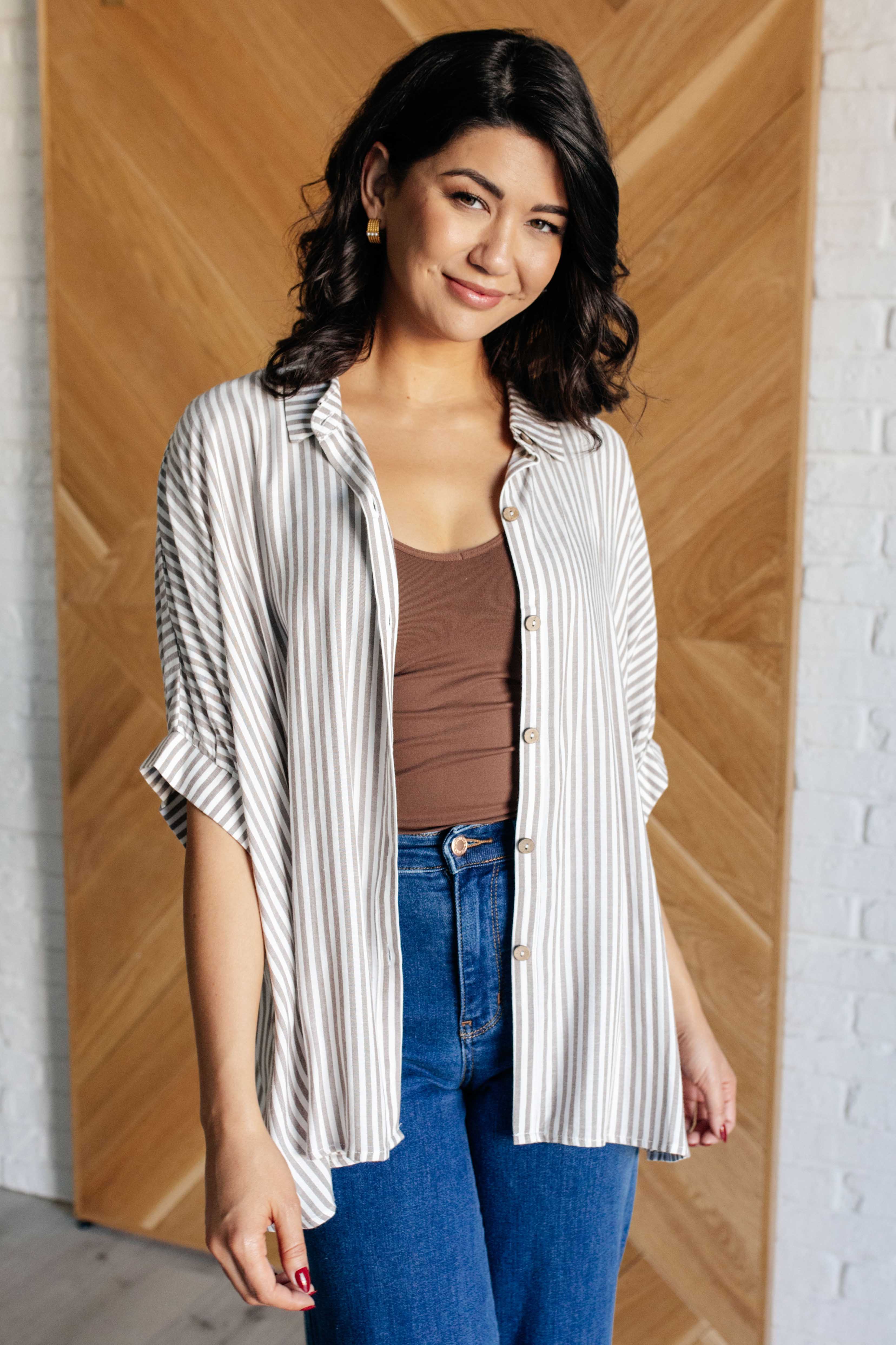 Boxy Striped Button Up in Mocha-Tops-Stay Foxy Boutique, Florissant, Missouri