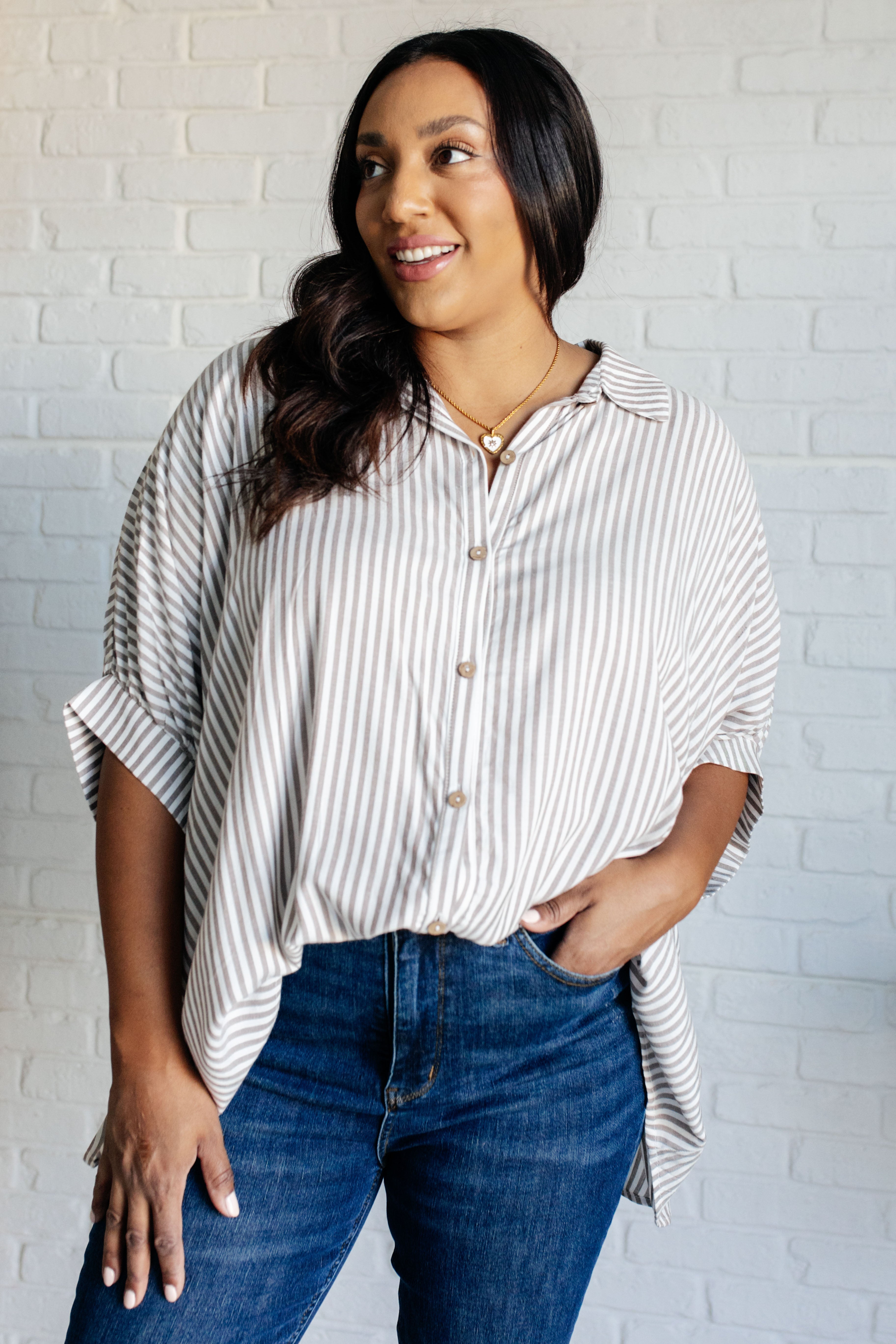 Boxy Striped Button Up in Mocha-Tops-Stay Foxy Boutique, Florissant, Missouri