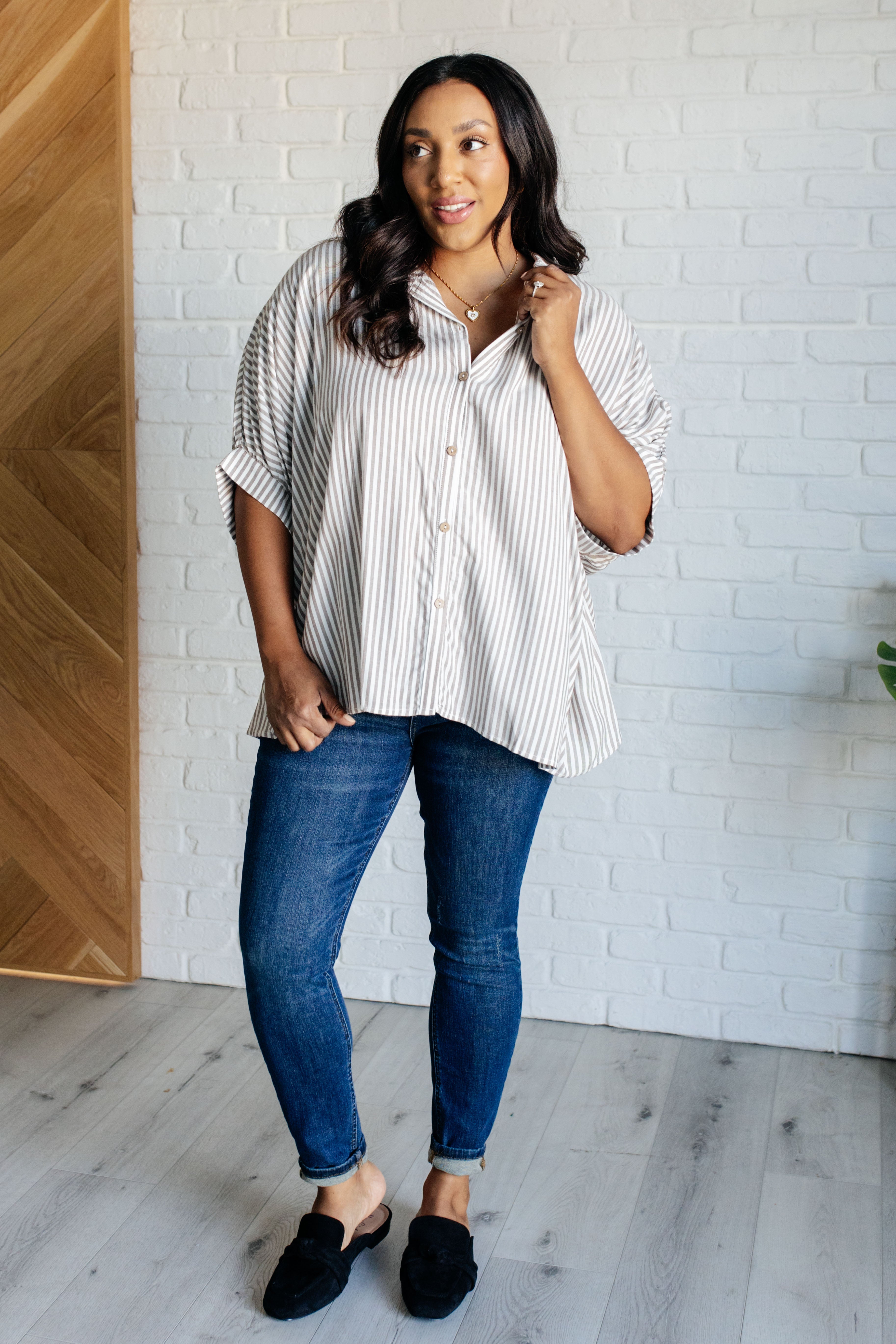 Boxy Striped Button Up in Mocha-Tops-Stay Foxy Boutique, Florissant, Missouri