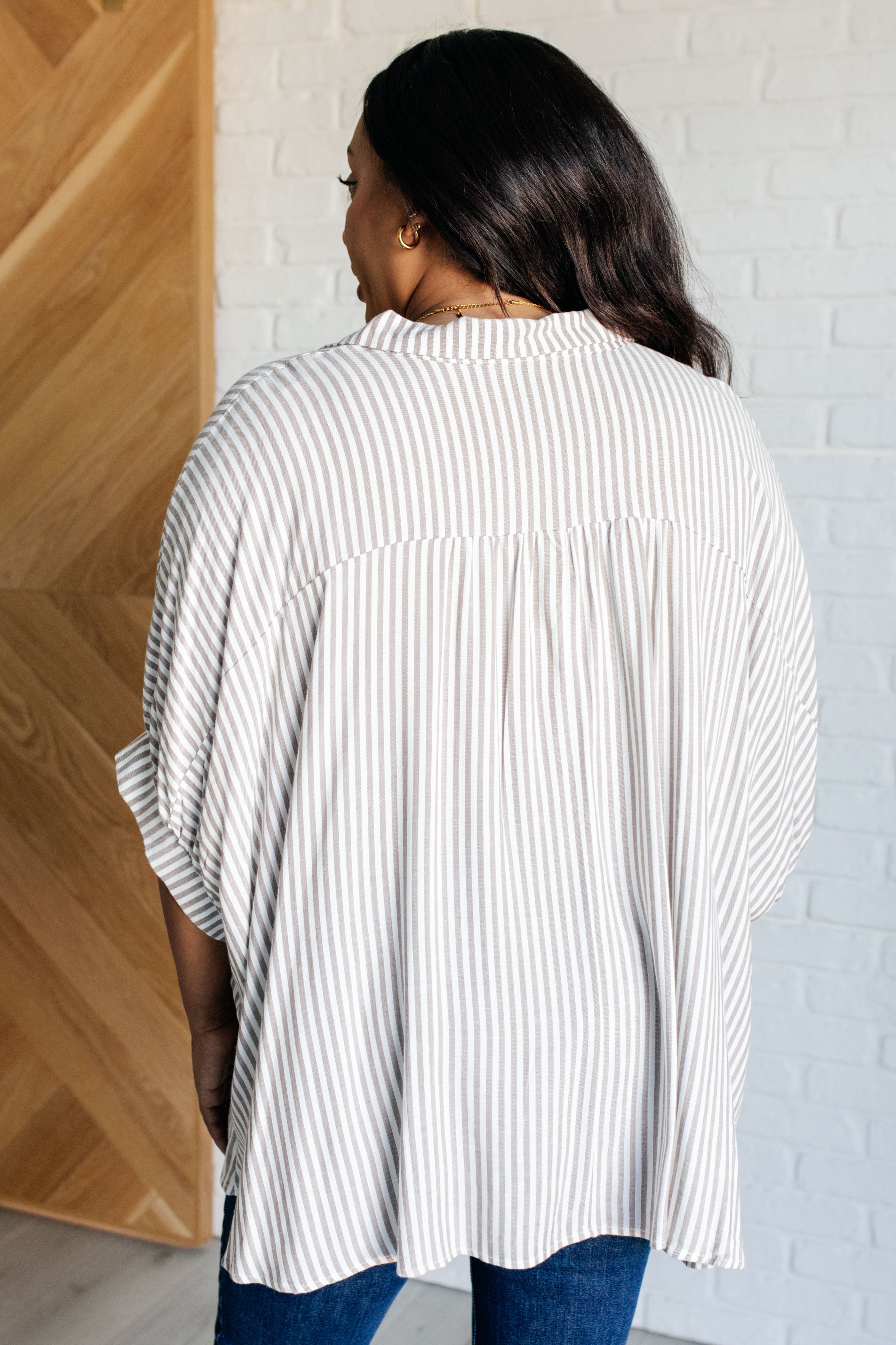 Boxy Striped Button Up in Mocha-Tops-Stay Foxy Boutique, Florissant, Missouri