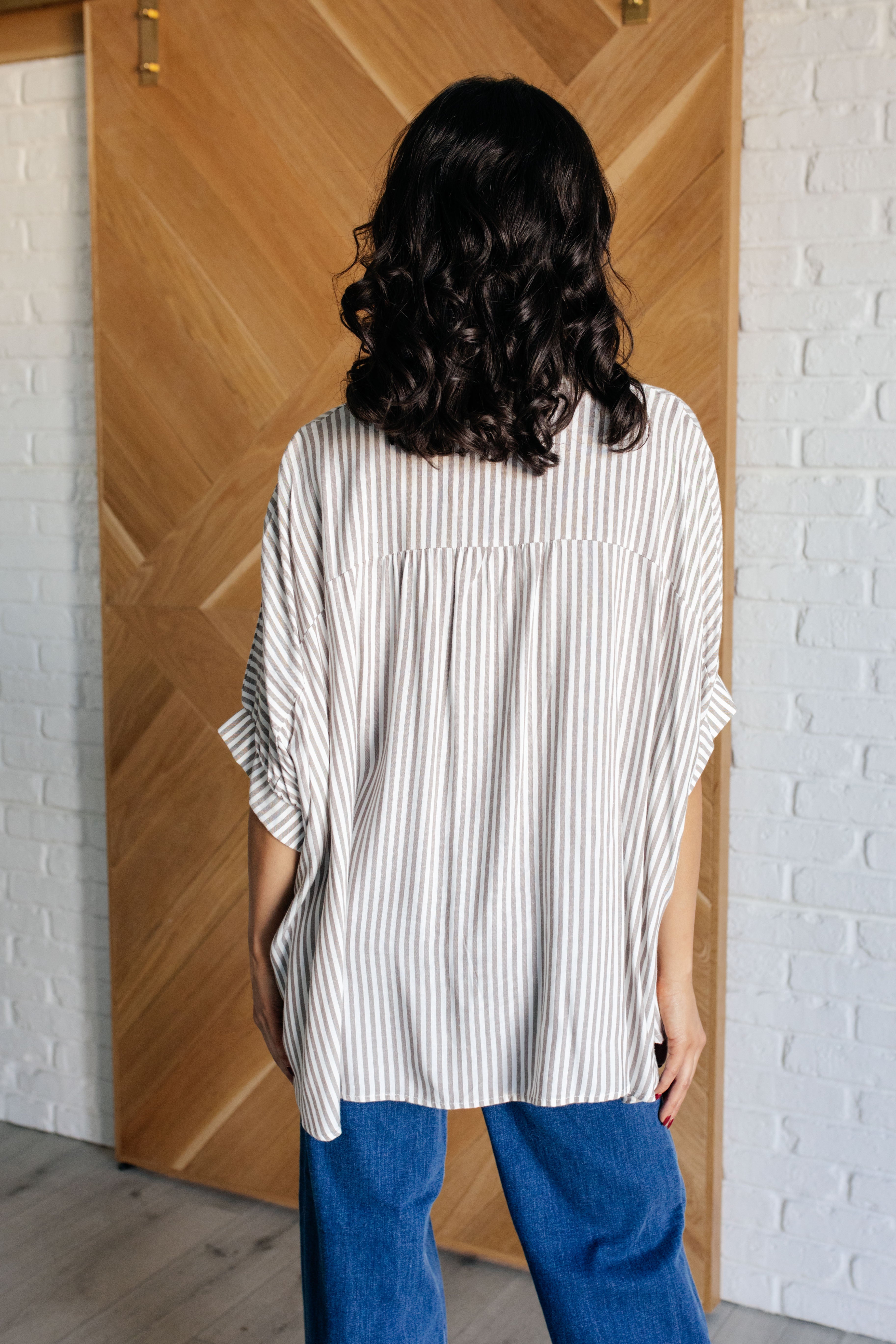Boxy Striped Button Up in Mocha-Tops-Stay Foxy Boutique, Florissant, Missouri