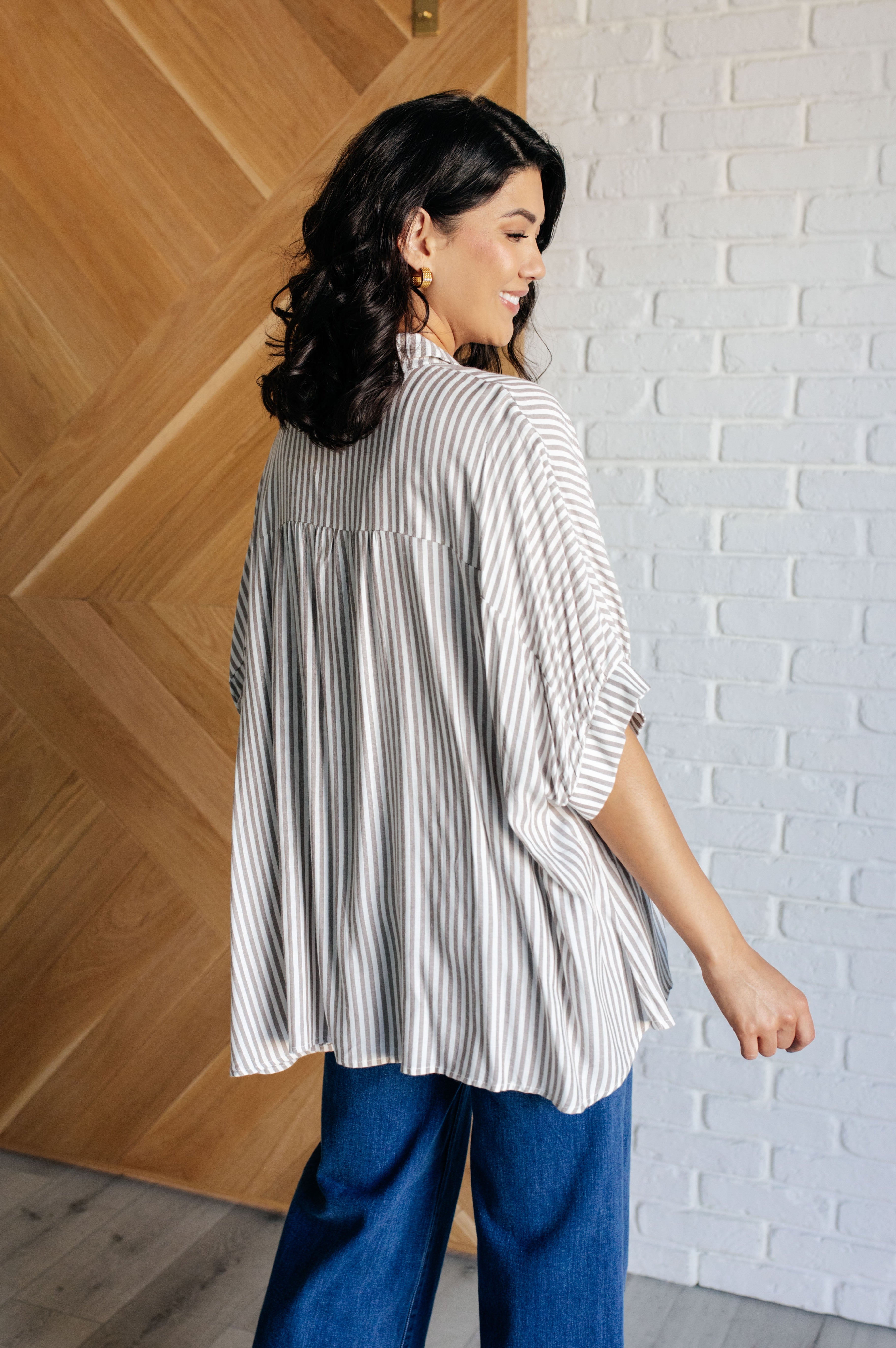 Boxy Striped Button Up in Mocha-Tops-Stay Foxy Boutique, Florissant, Missouri