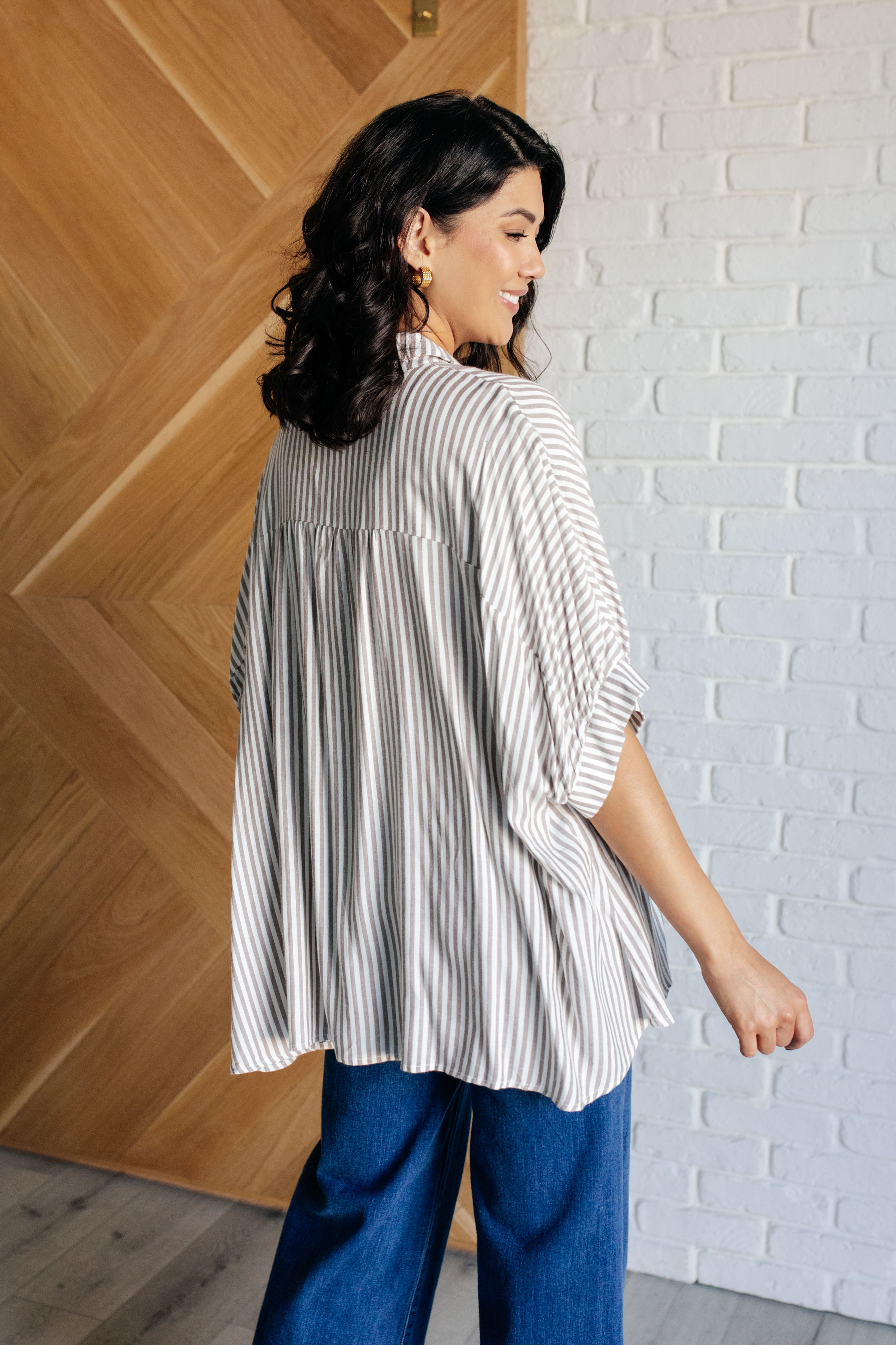 Boxy Striped Button Up in Mocha-Tops-Stay Foxy Boutique, Florissant, Missouri