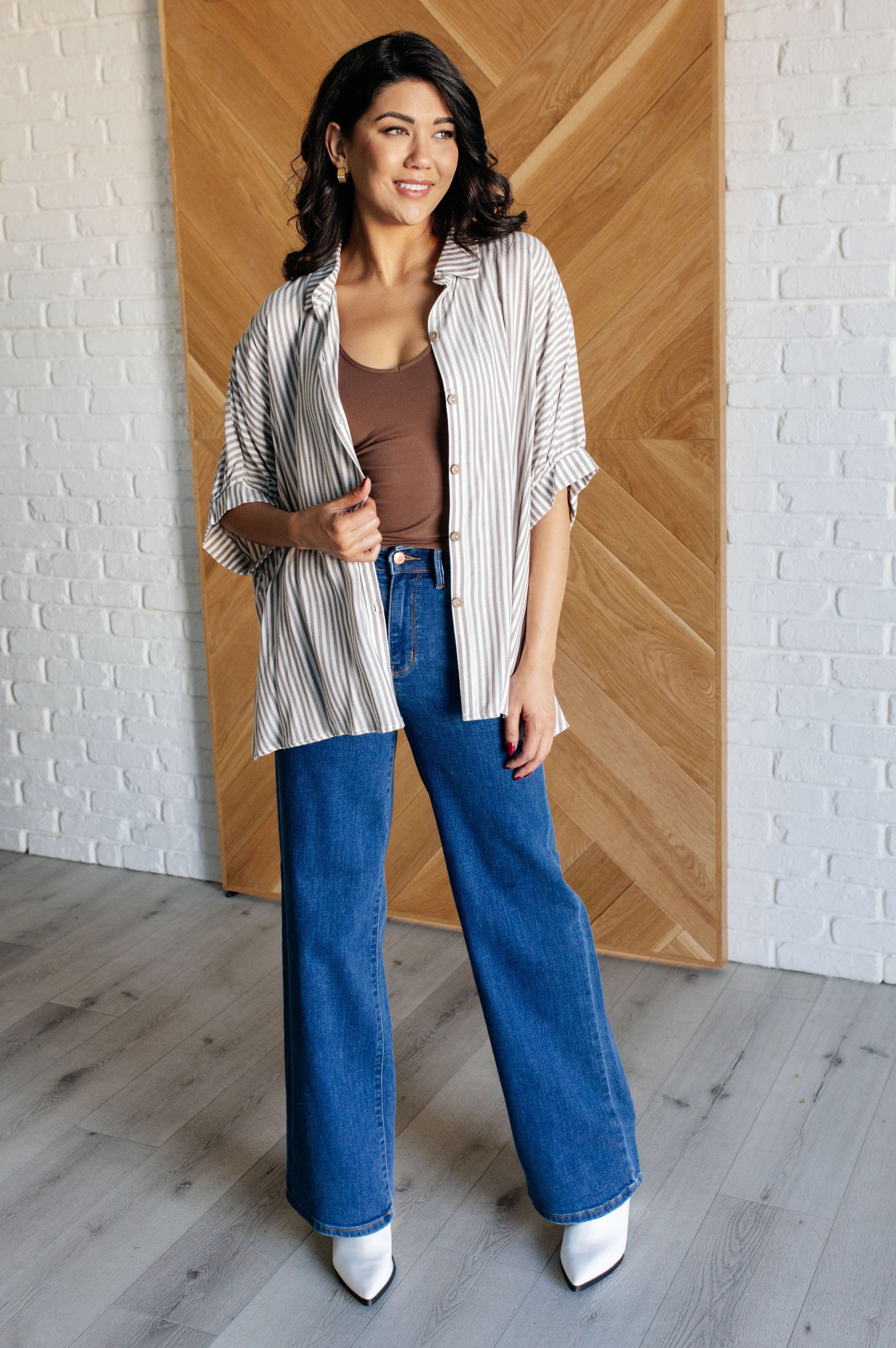 Boxy Striped Button Up in Mocha-Tops-Stay Foxy Boutique, Florissant, Missouri