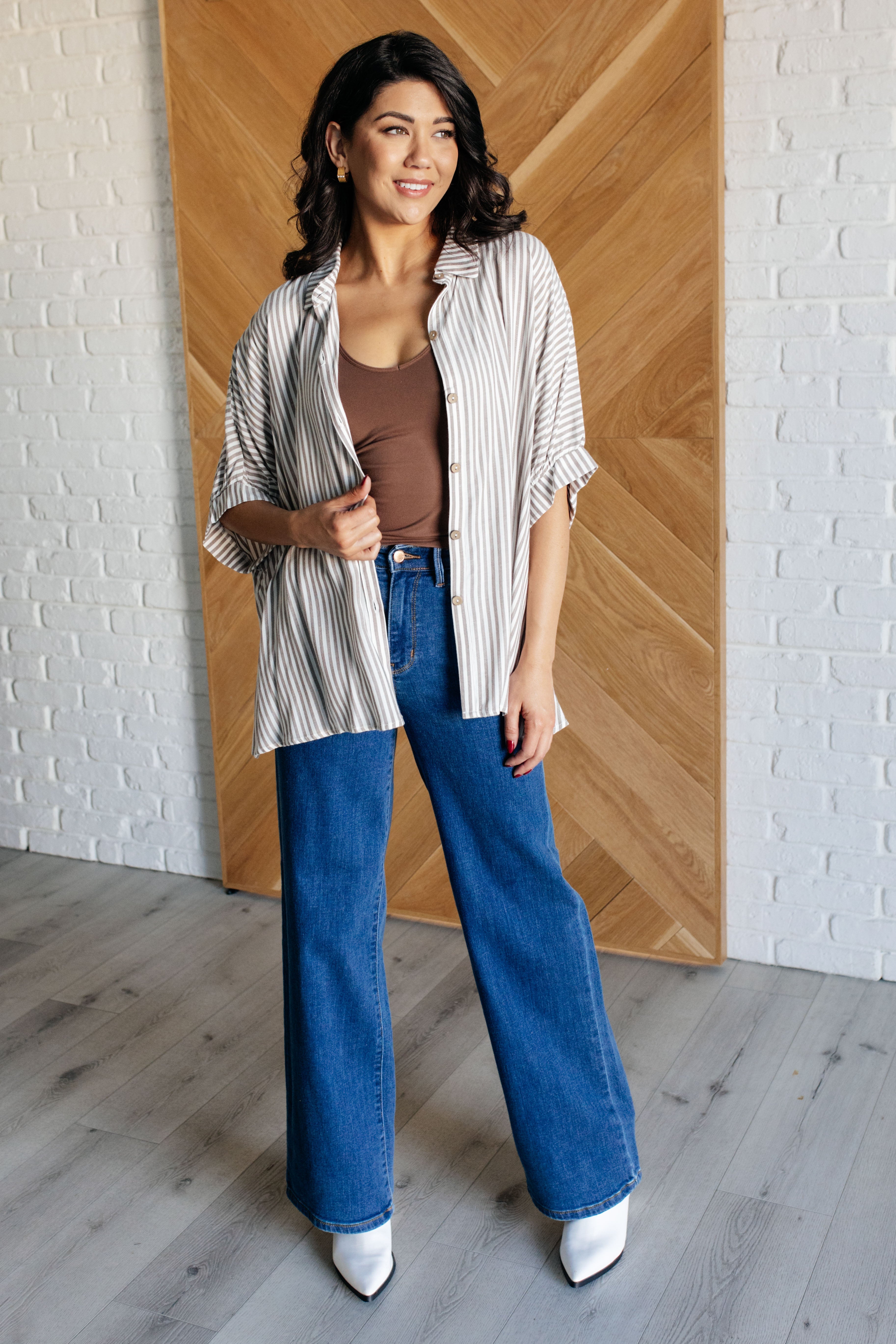 Boxy Striped Button Up in Mocha-Tops-Stay Foxy Boutique, Florissant, Missouri