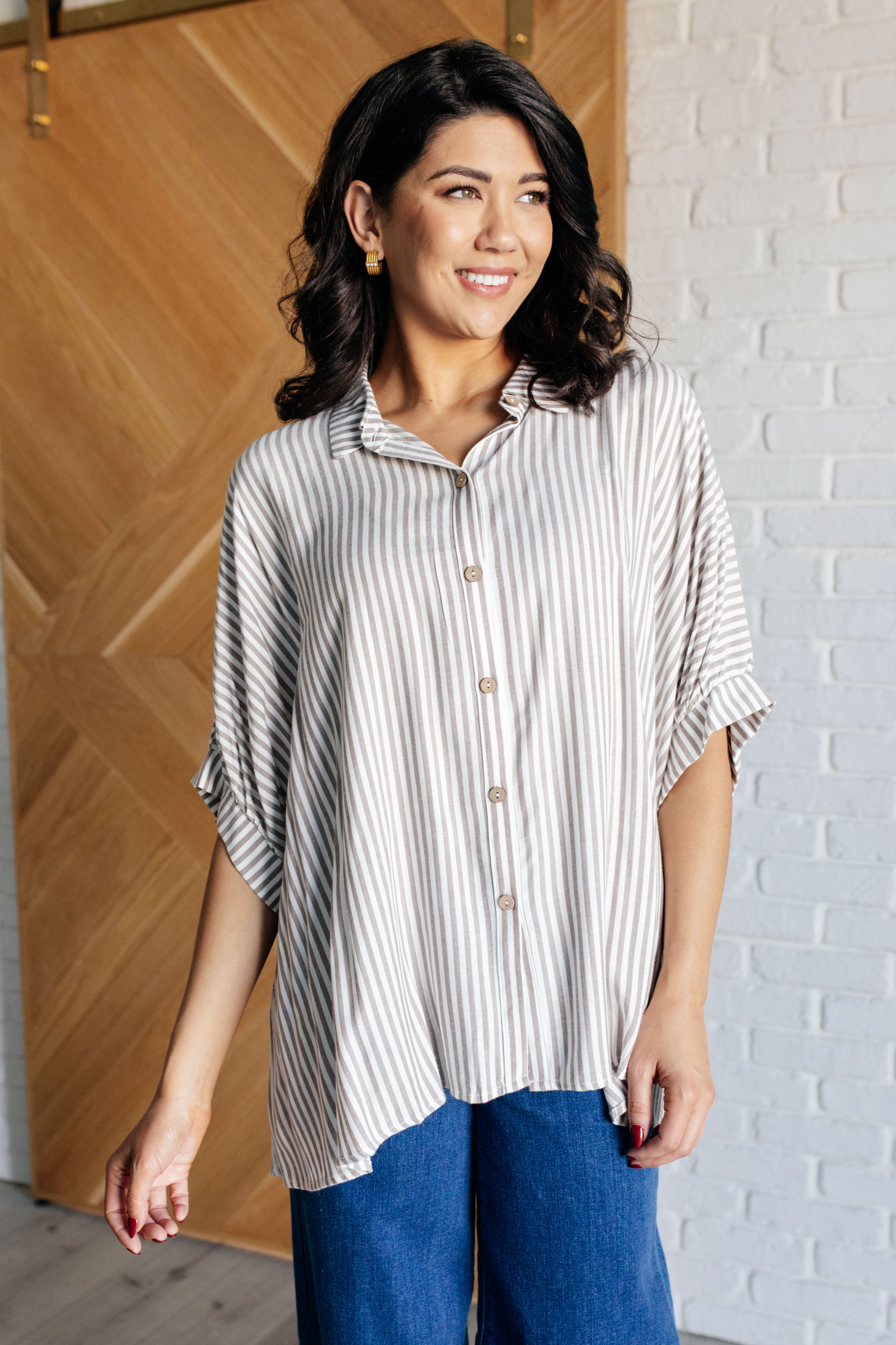 Boxy Striped Button Up in Mocha-Tops-Stay Foxy Boutique, Florissant, Missouri