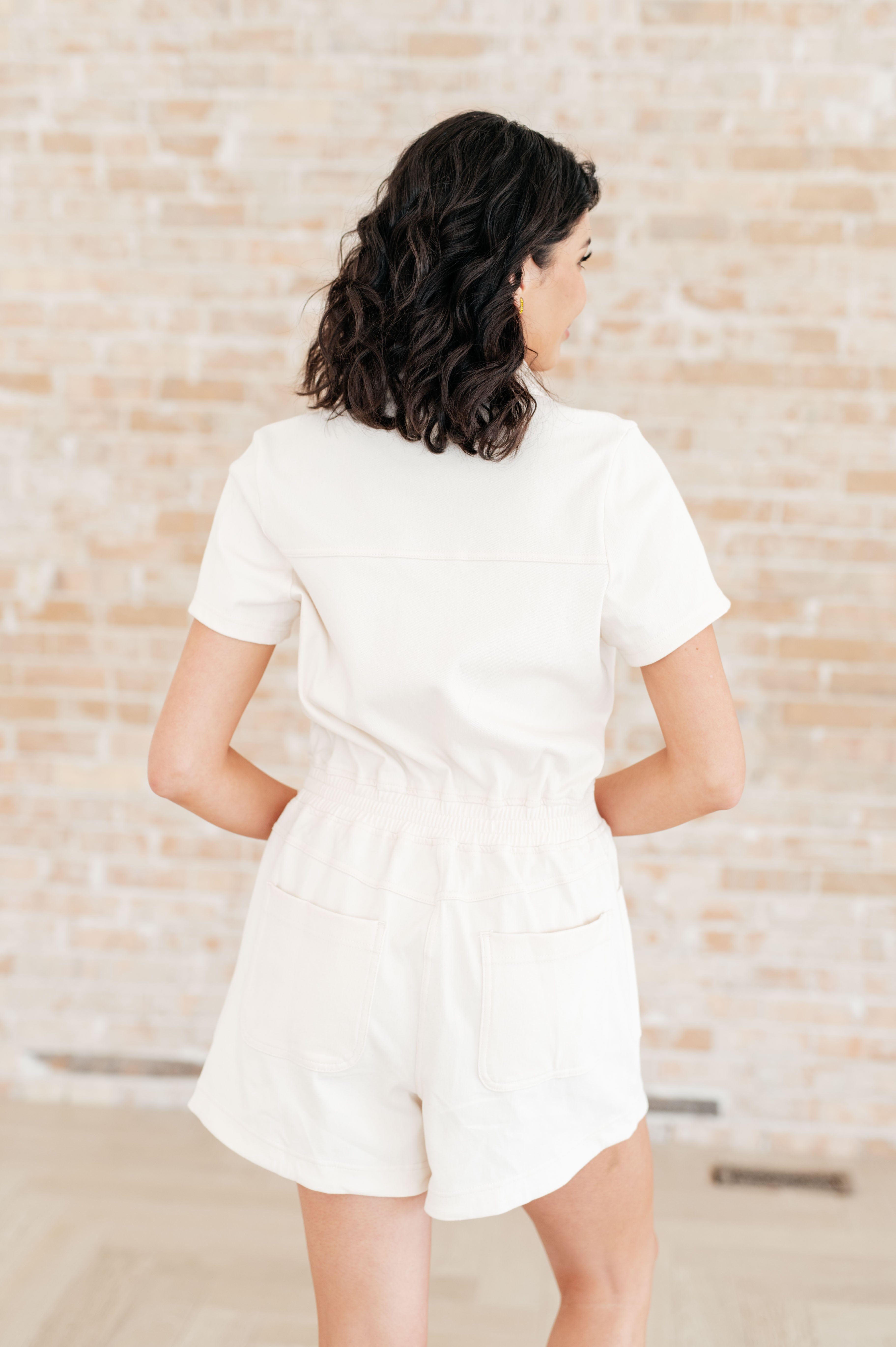 Break Point Collared Romper in Natural-Jumpsuits & Rompers-Stay Foxy Boutique, Florissant, Missouri