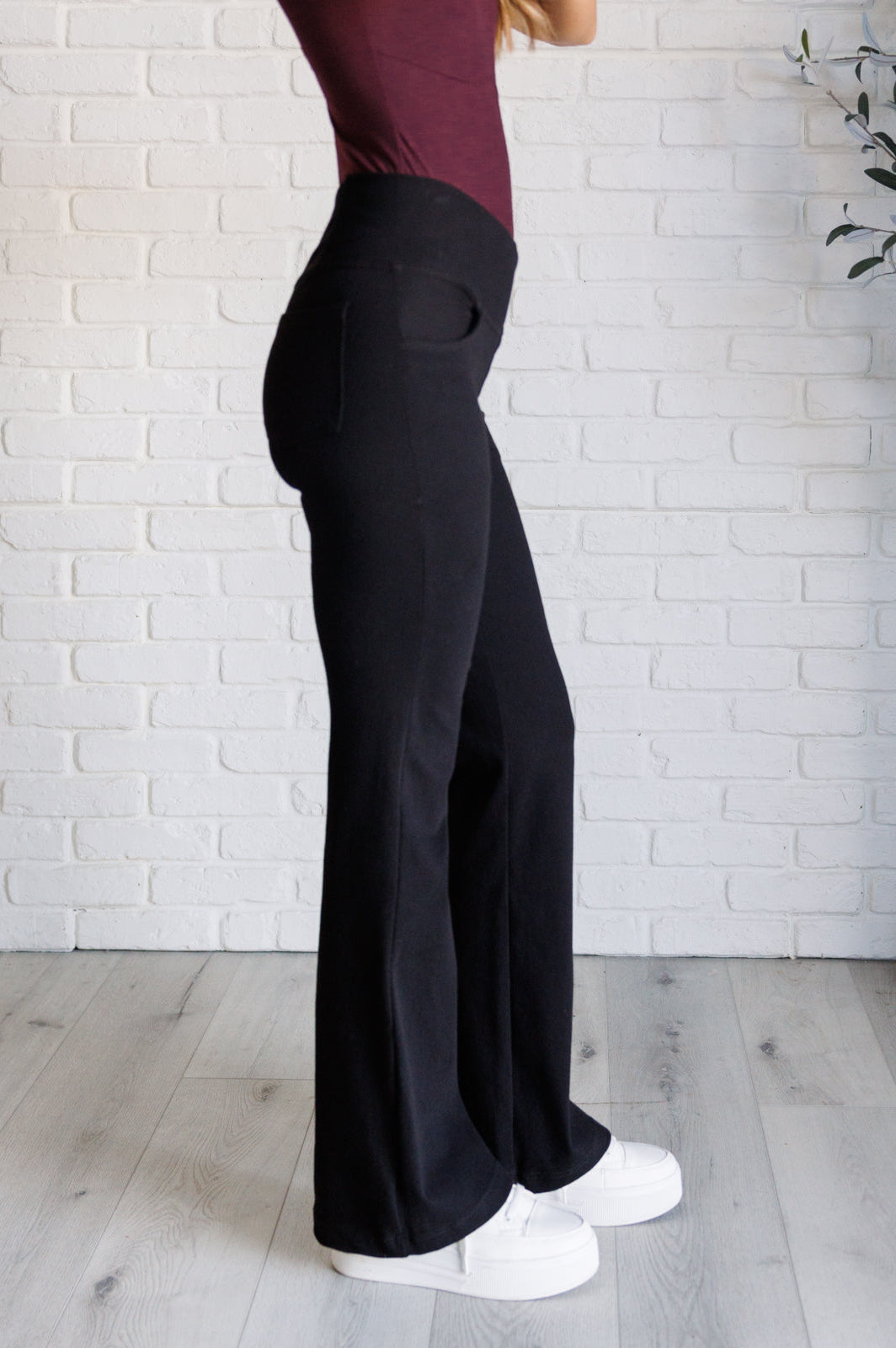 Building Habits Twill Flared Crossover Waist Pant in Black-Bottoms-Stay Foxy Boutique, Florissant, Missouri