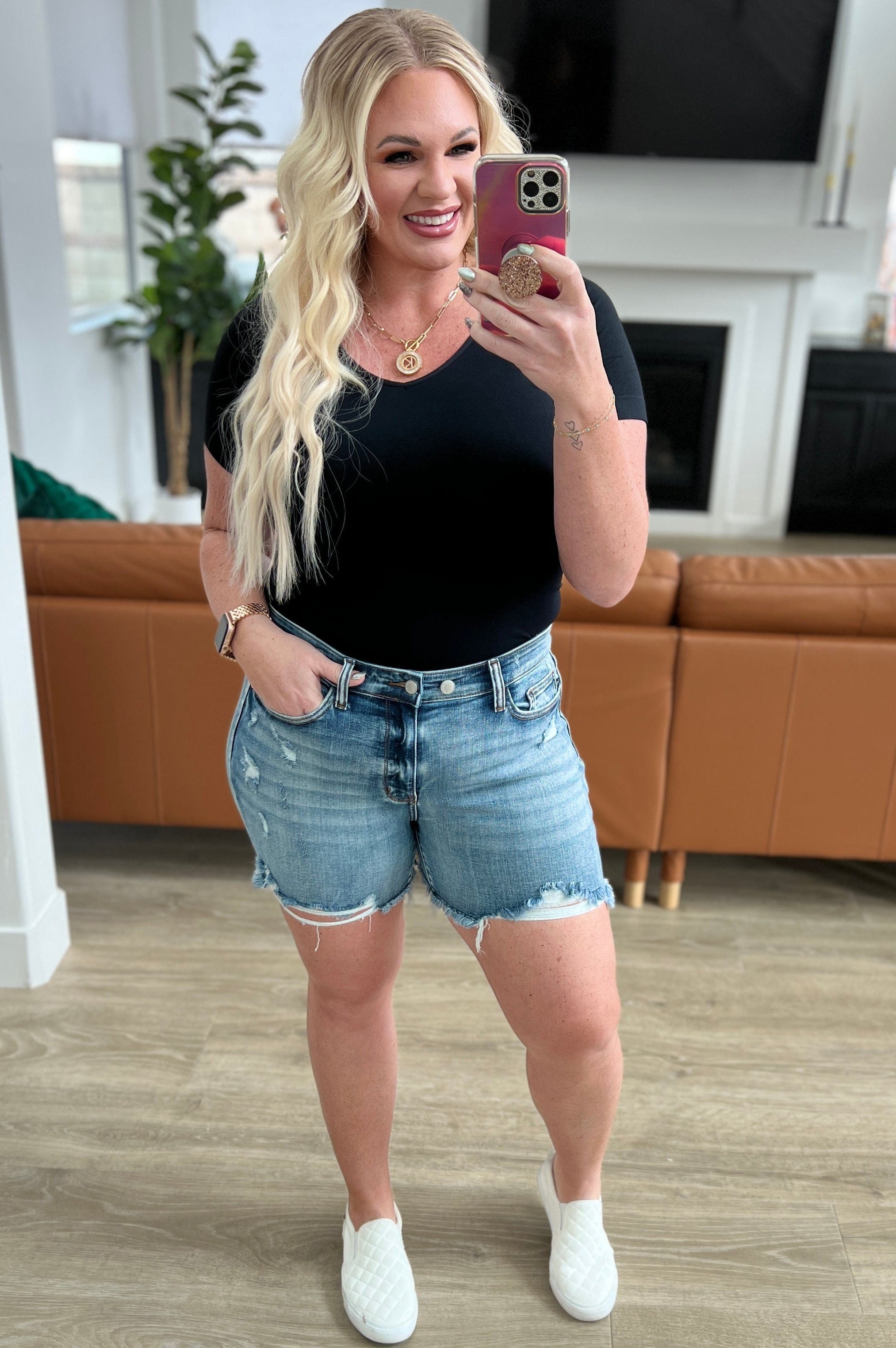 Callie High Rise Adjustable Button Cutoff Shorts-Womens-Stay Foxy Boutique, Florissant, Missouri