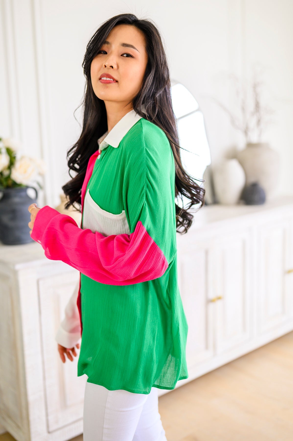 Capture the Day Two Toned Button Up Kelly-Tops-Stay Foxy Boutique, Florissant, Missouri