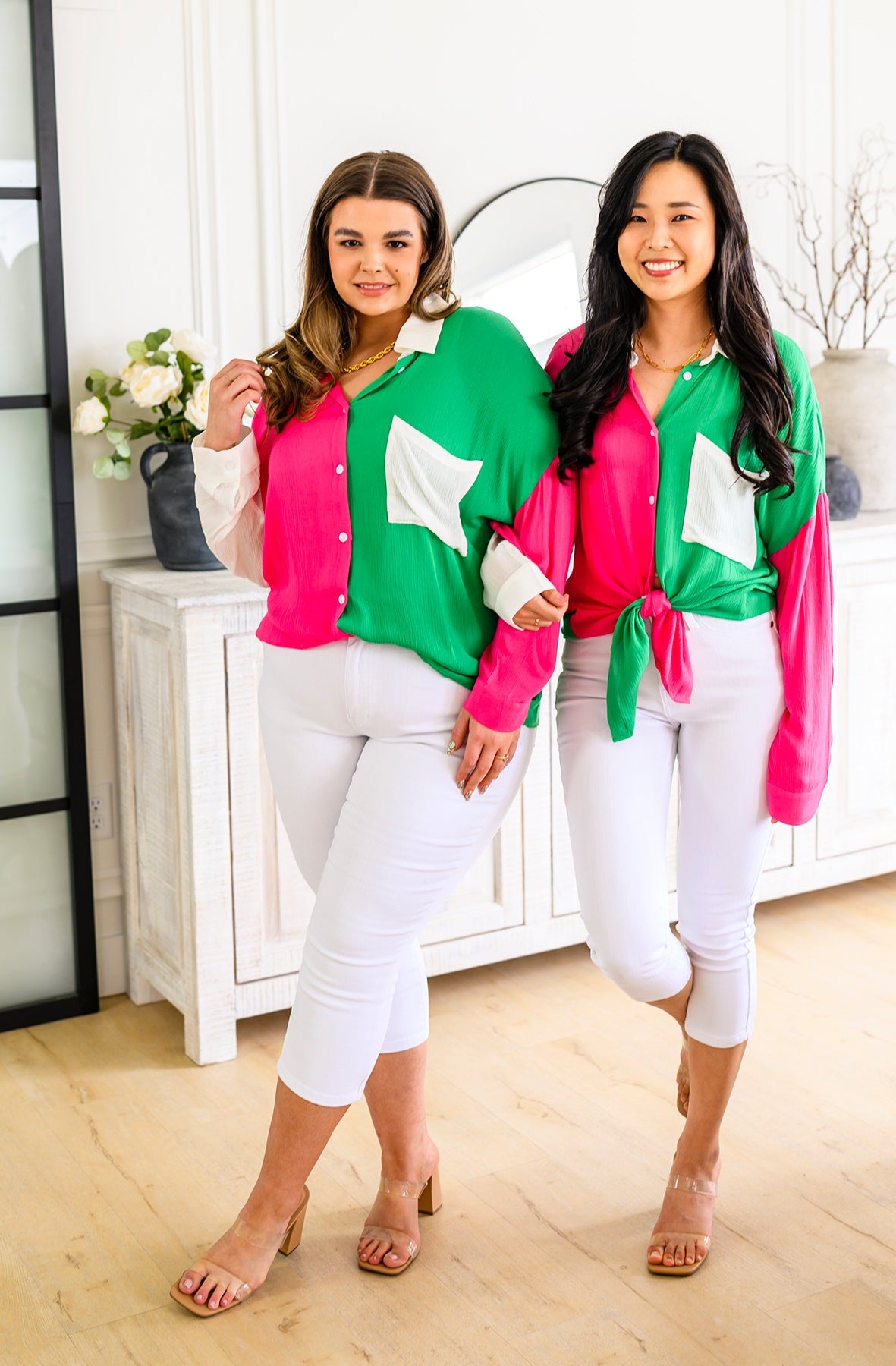 Capture the Day Two Toned Button Up Kelly-Tops-Stay Foxy Boutique, Florissant, Missouri