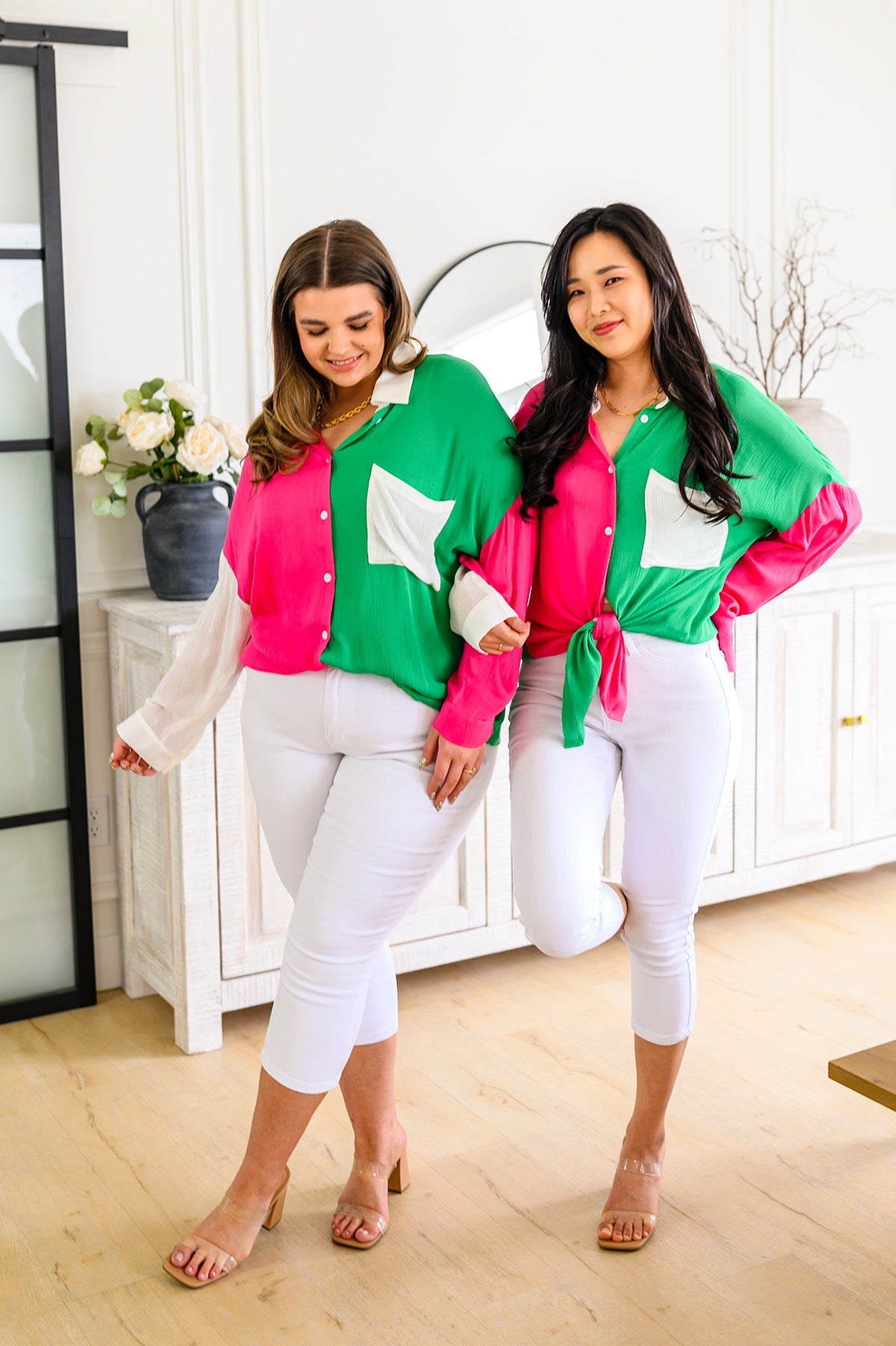 Capture the Day Two Toned Button Up Kelly-Tops-Stay Foxy Boutique, Florissant, Missouri