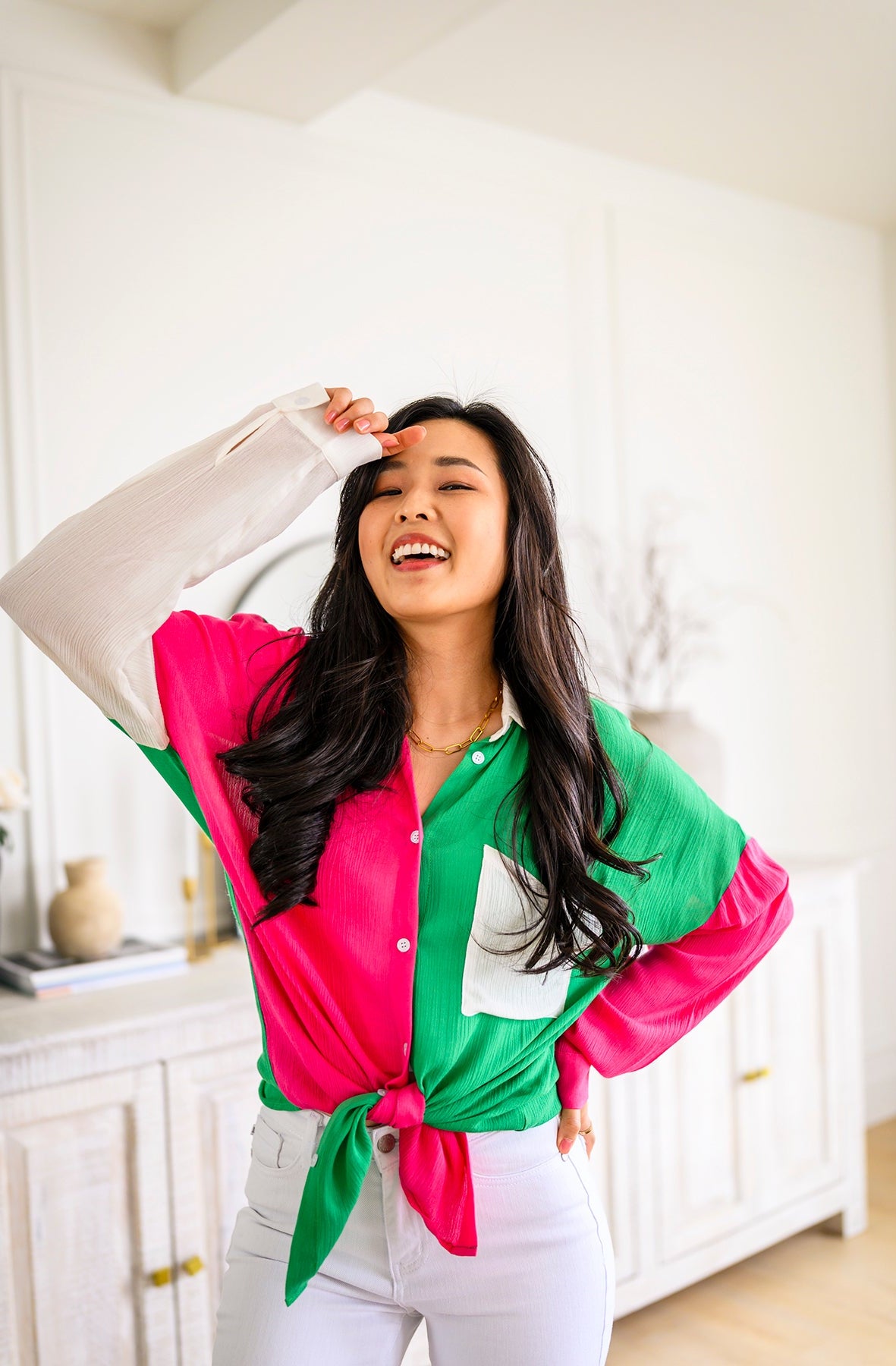Capture the Day Two Toned Button Up Kelly-Tops-Stay Foxy Boutique, Florissant, Missouri