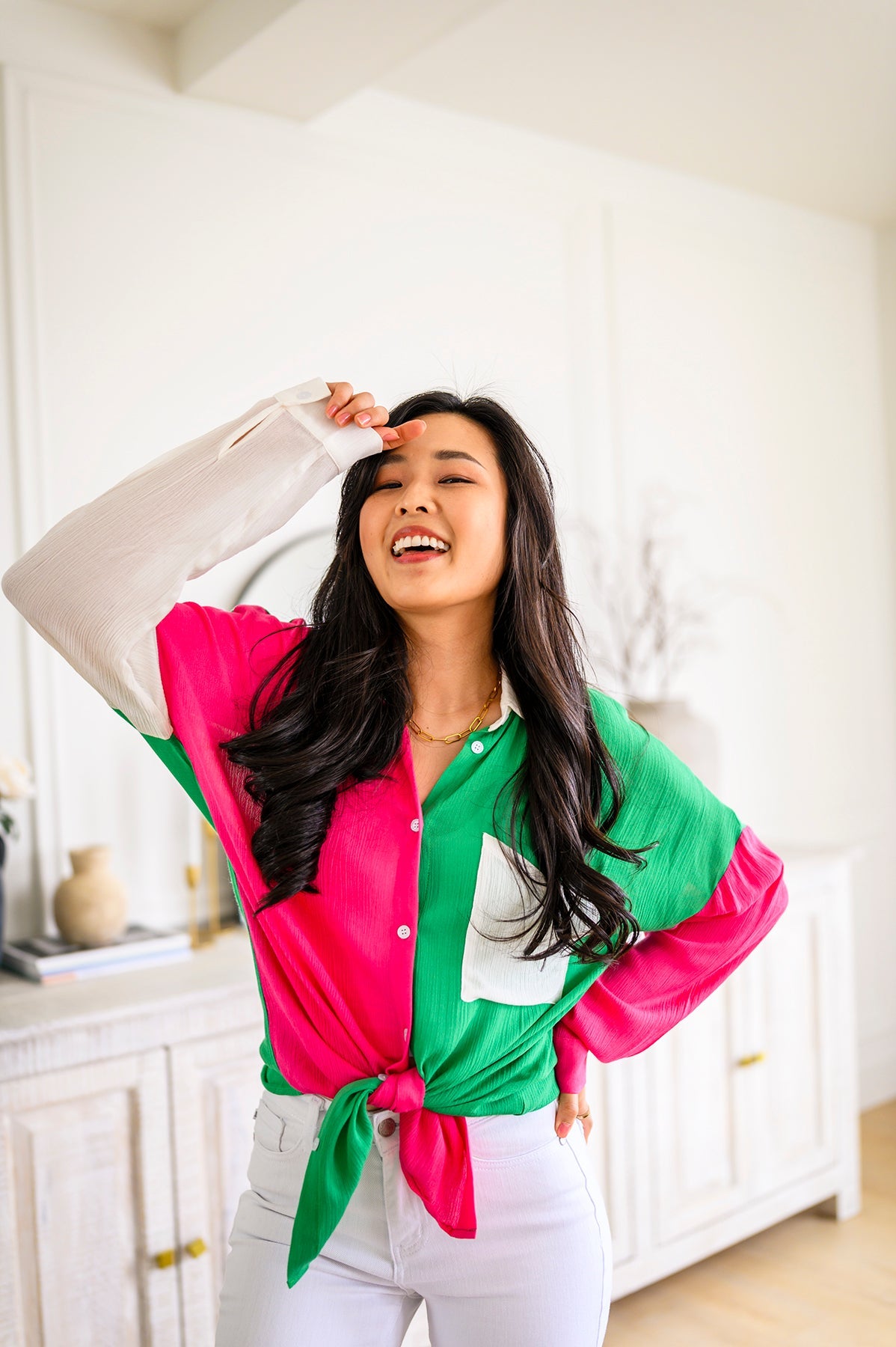 Capture the Day Two Toned Button Up Kelly-Tops-Stay Foxy Boutique, Florissant, Missouri
