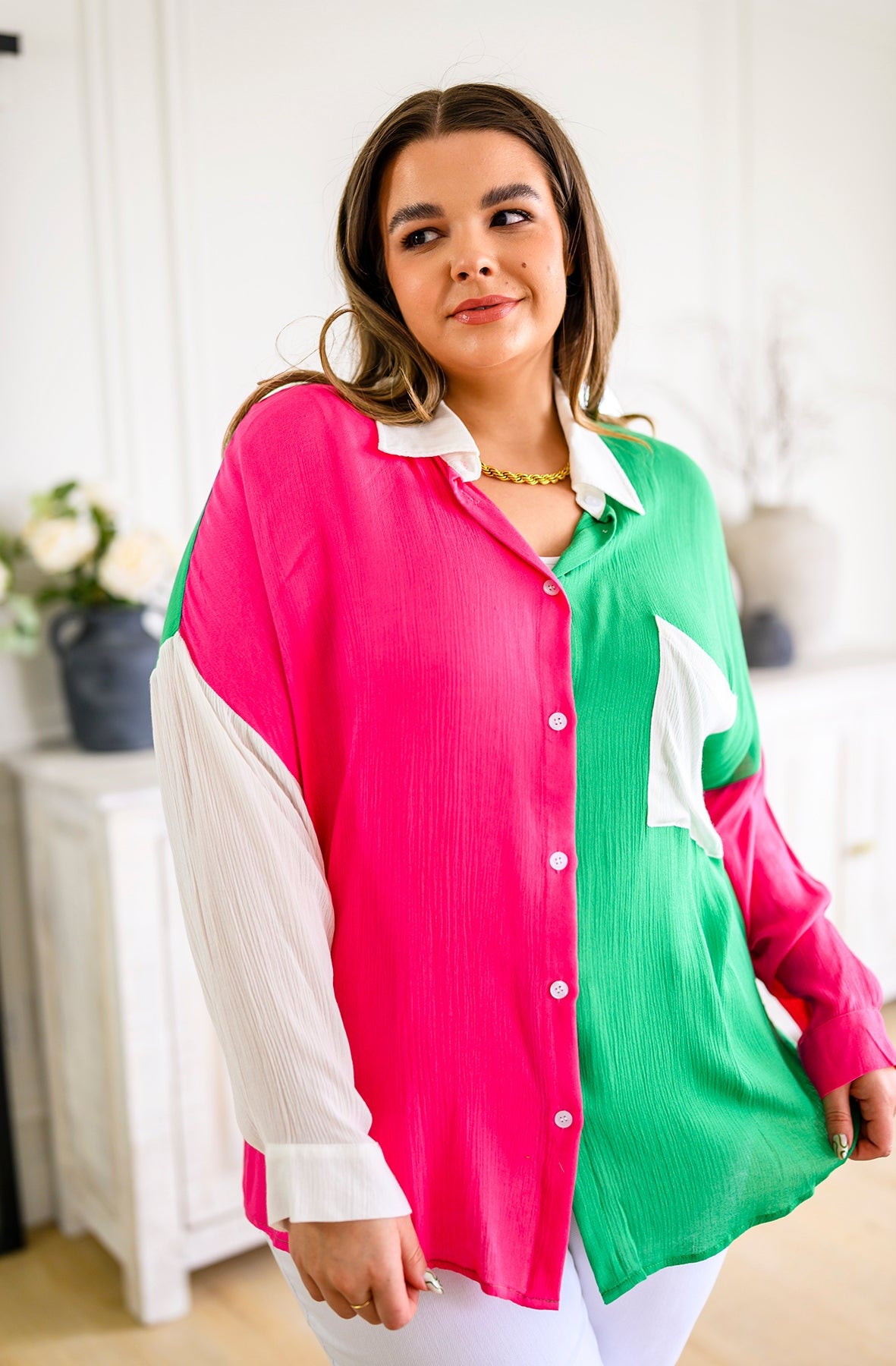 Capture the Day Two Toned Button Up Kelly-Tops-Stay Foxy Boutique, Florissant, Missouri