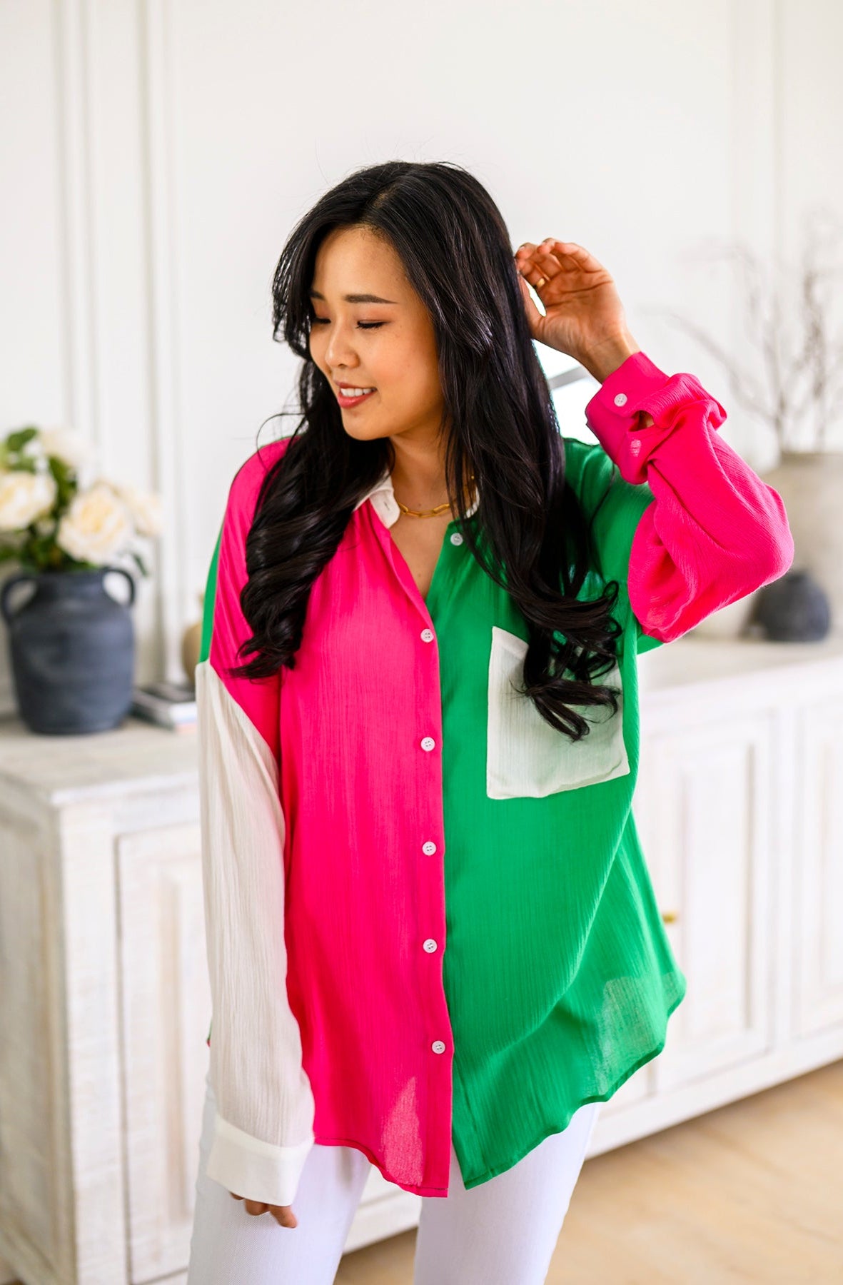 Capture the Day Two Toned Button Up Kelly-Tops-Stay Foxy Boutique, Florissant, Missouri