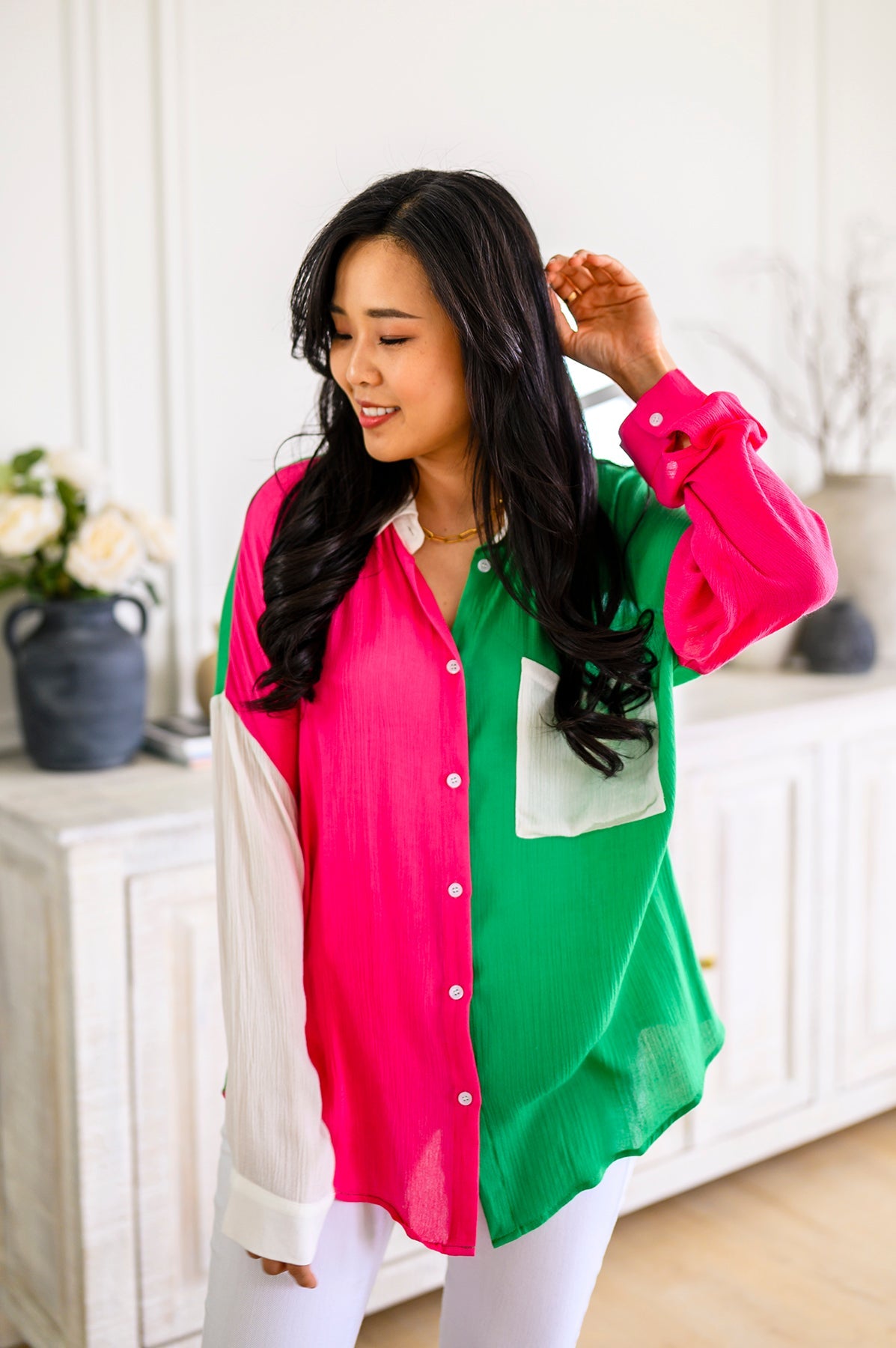Capture the Day Two Toned Button Up Kelly-Tops-Stay Foxy Boutique, Florissant, Missouri