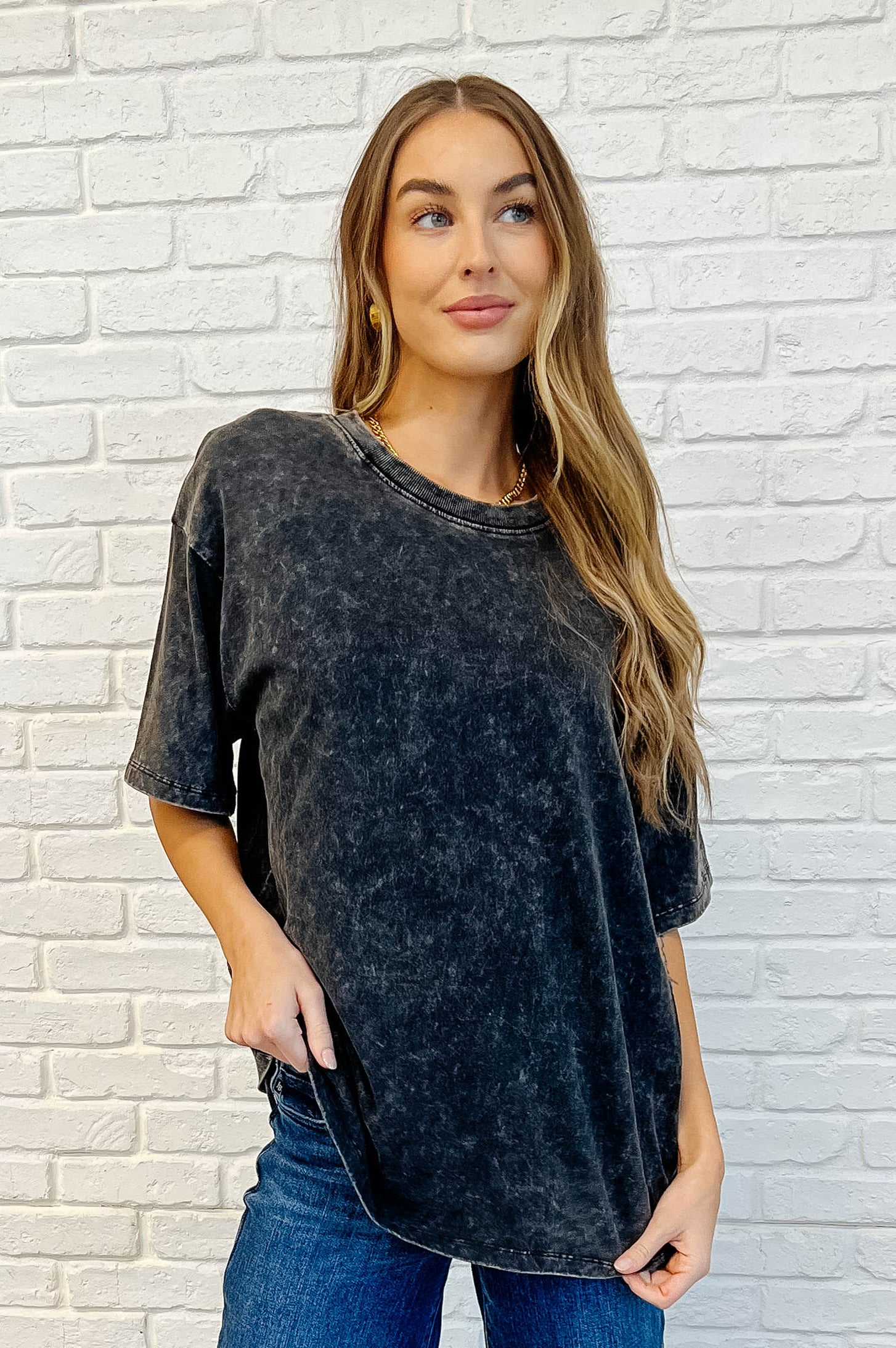 Casual Basic Drop Shoulder Oversized Tee in Ash Black-Womens-Stay Foxy Boutique, Florissant, Missouri