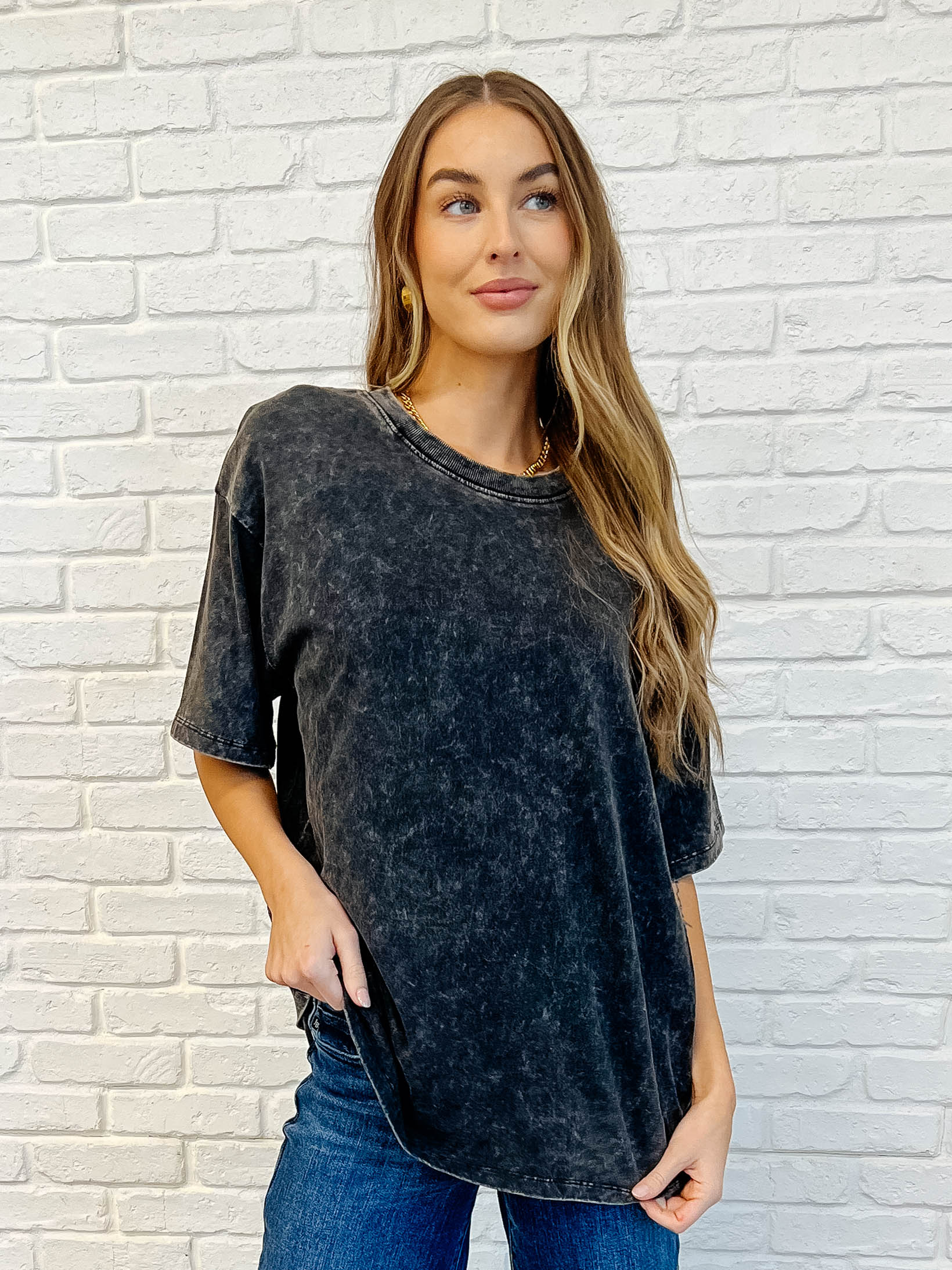 Casual Basic Drop Shoulder Oversized Tee in Ash Black-Womens-Stay Foxy Boutique, Florissant, Missouri