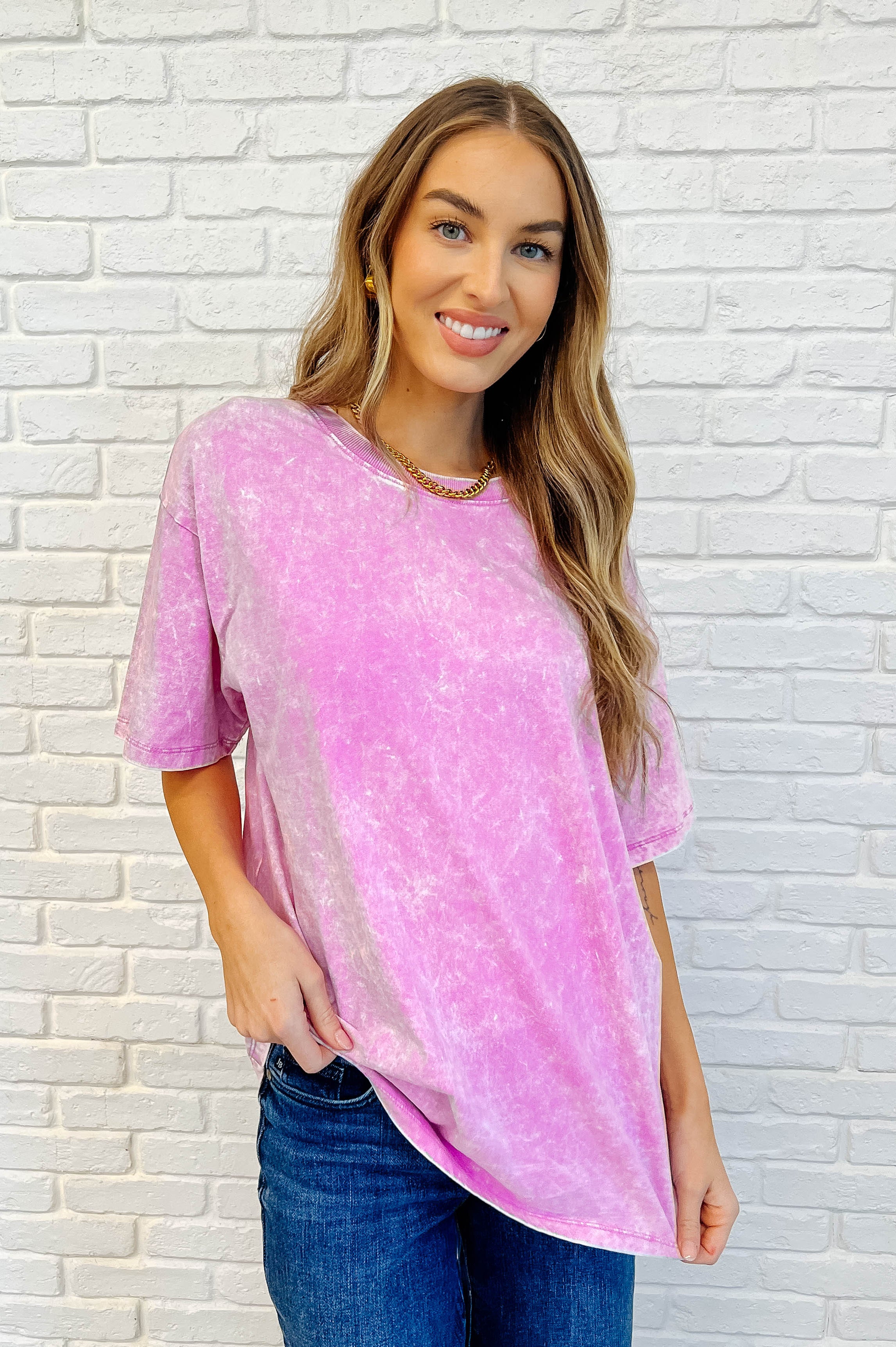 Casual Basic Drop Shoulder Oversized Tee in Bright Mauve-Womens-Stay Foxy Boutique, Florissant, Missouri