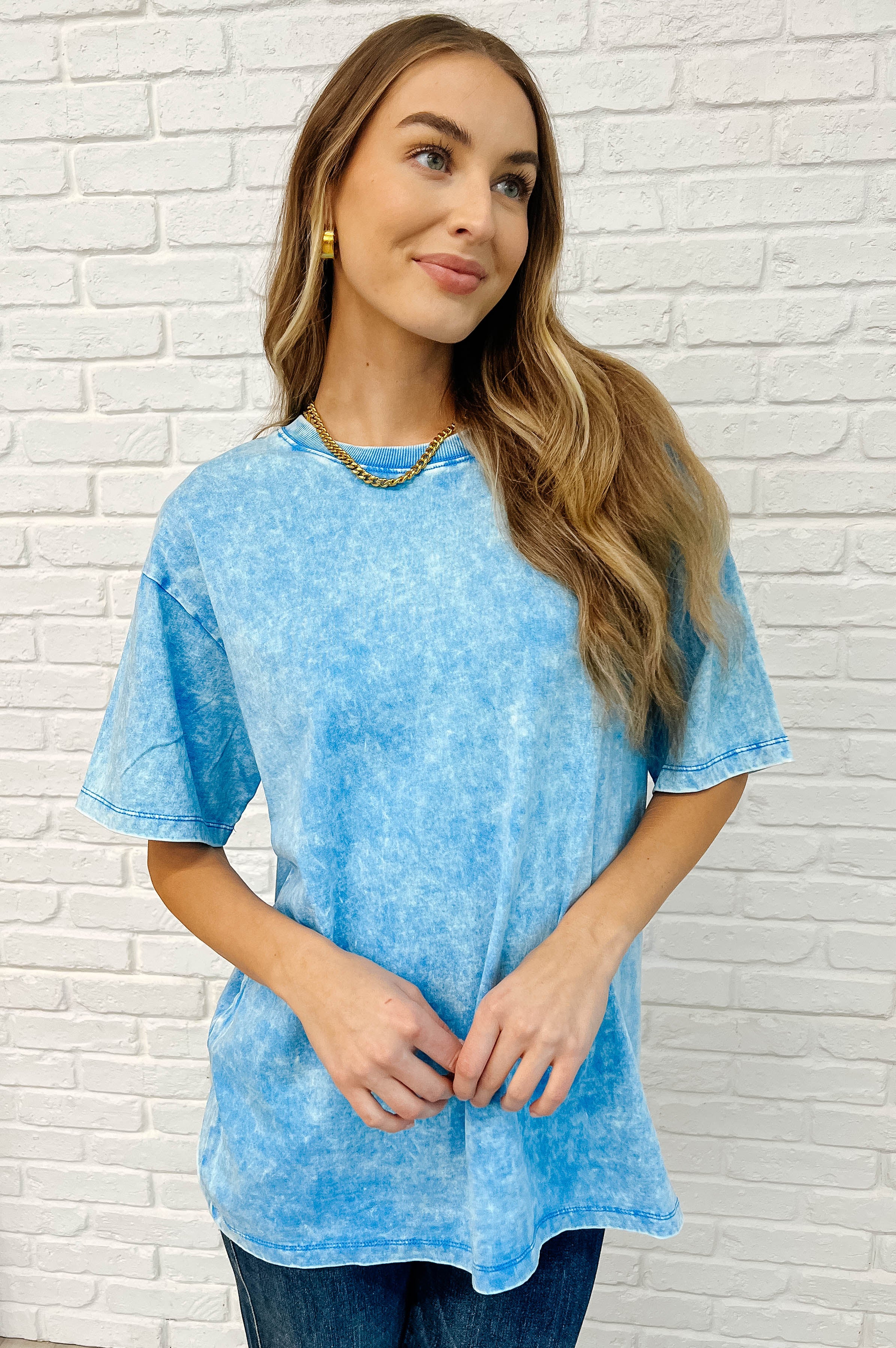 Casual Basic Drop Shoulder Oversized Tee in Deep Sky-Womens-Stay Foxy Boutique, Florissant, Missouri