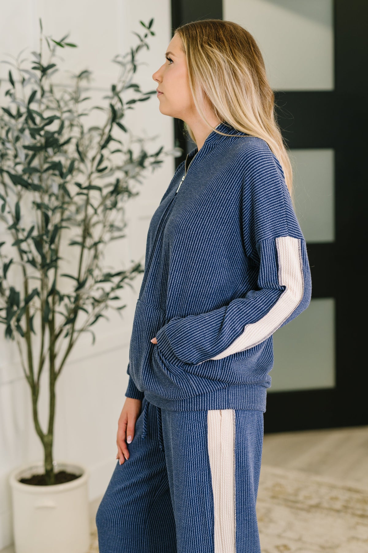 Certified Chiller Contrast Stripe Hoodie in Navy-Womens-Stay Foxy Boutique, Florissant, Missouri
