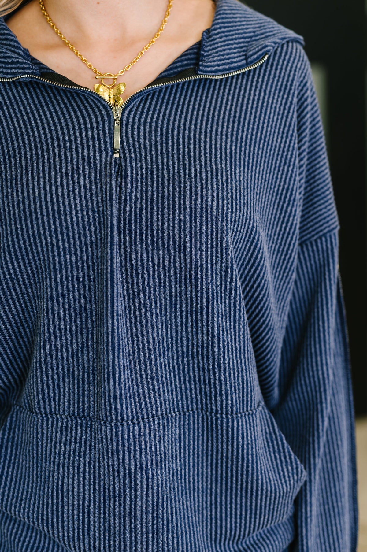 Certified Chiller Contrast Stripe Hoodie in Navy-Womens-Stay Foxy Boutique, Florissant, Missouri