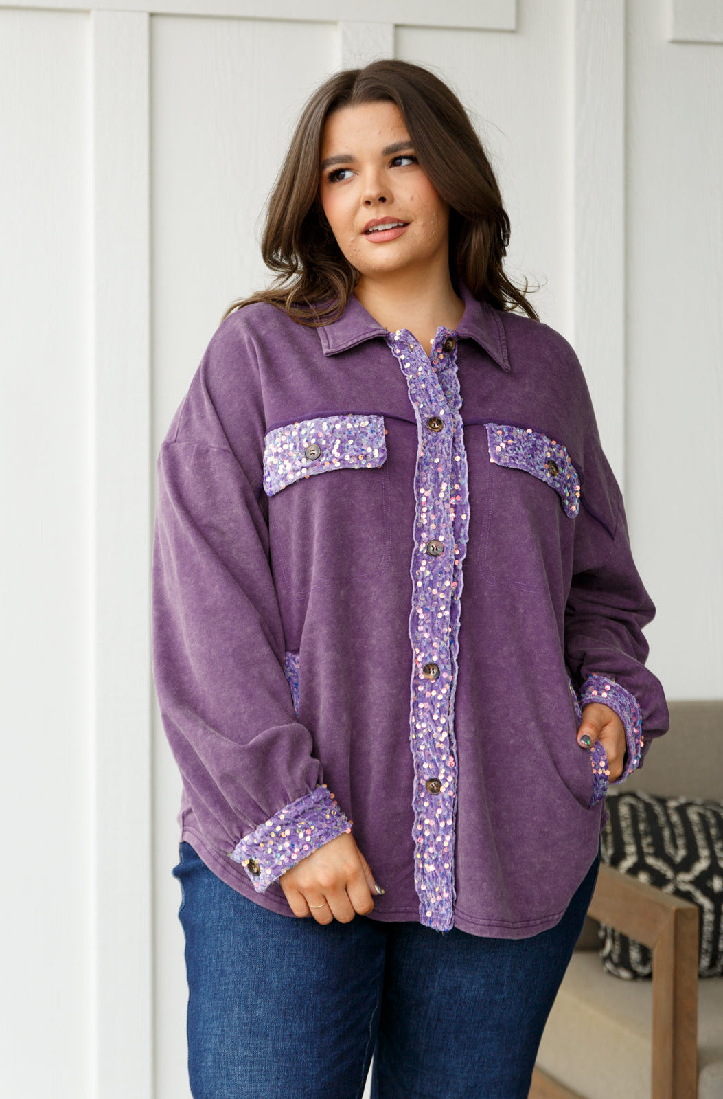 Chaos of Sequins Shacket in Purple-Layers-Stay Foxy Boutique, Florissant, Missouri