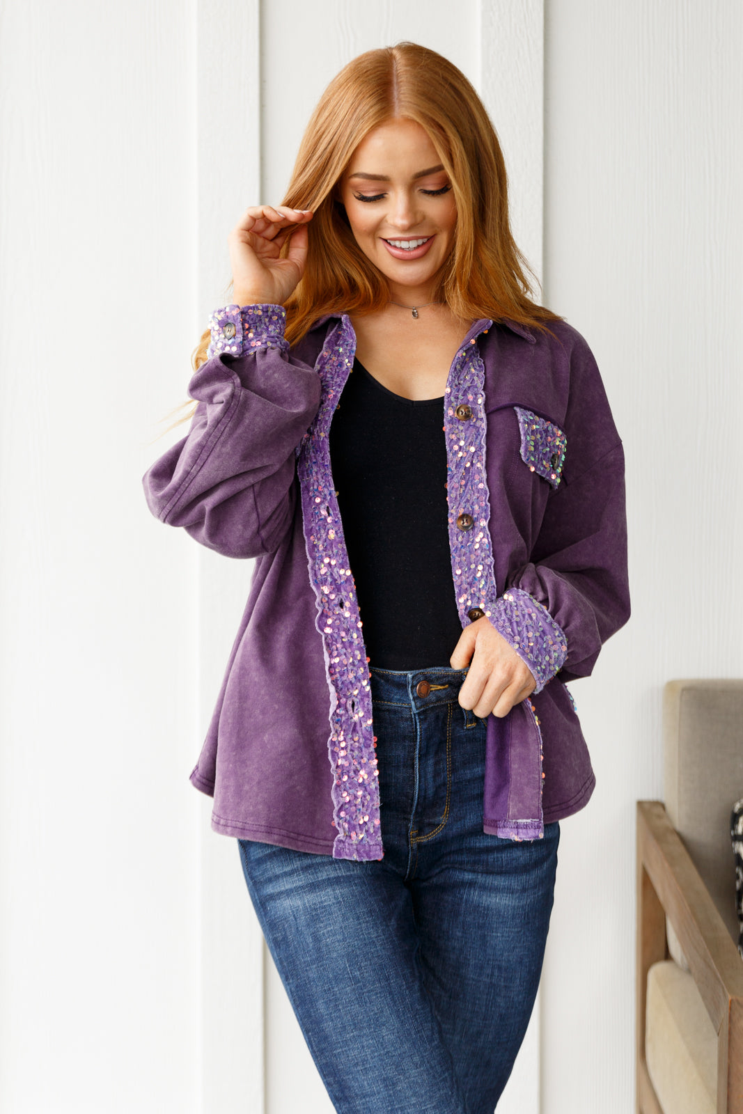 Chaos of Sequins Shacket in Purple-Layers-Stay Foxy Boutique, Florissant, Missouri