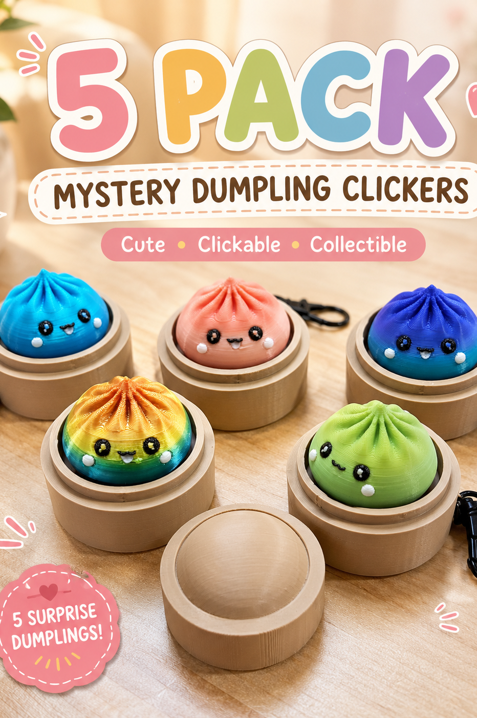 5 PACK MYSTERY FIDGET CLICKER DUMPLING KEYCHAINS- 3D PRINTED-Stay Foxy Boutique, Florissant, Missouri