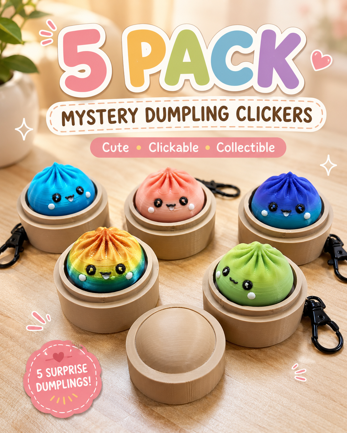 5 PACK MYSTERY FIDGET CLICKER DUMPLING KEYCHAINS- 3D PRINTED-Stay Foxy Boutique, Florissant, Missouri