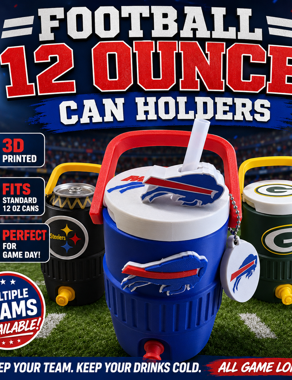 FOOTBALL FAV TEAMS-3D PRINTED CUSTOM 12 OUNCE CAN HOLDERS-Stay Foxy Boutique, Florissant, Missouri