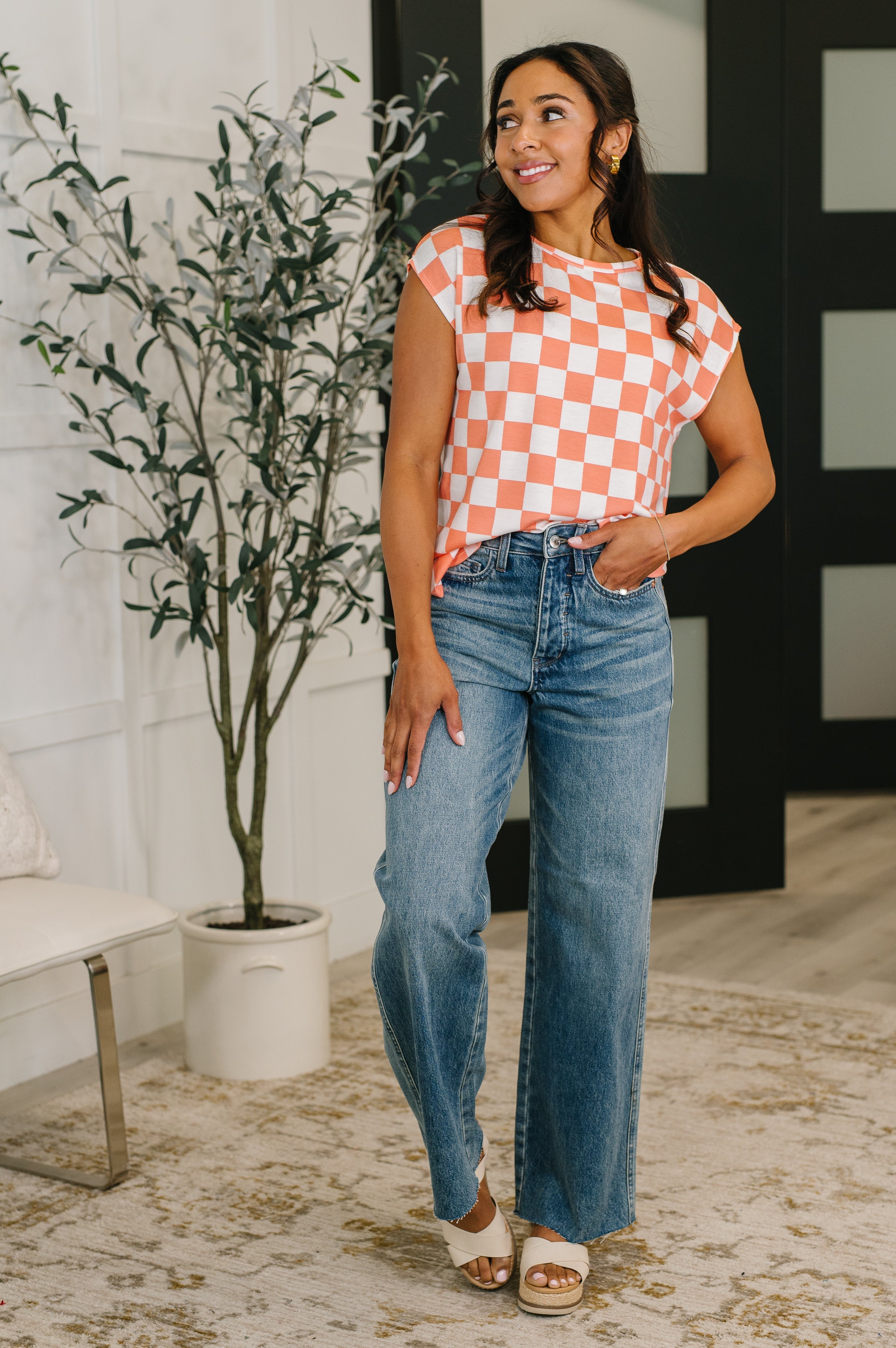Check Hers Round Neck Top in Orange-Womens-Stay Foxy Boutique, Florissant, Missouri