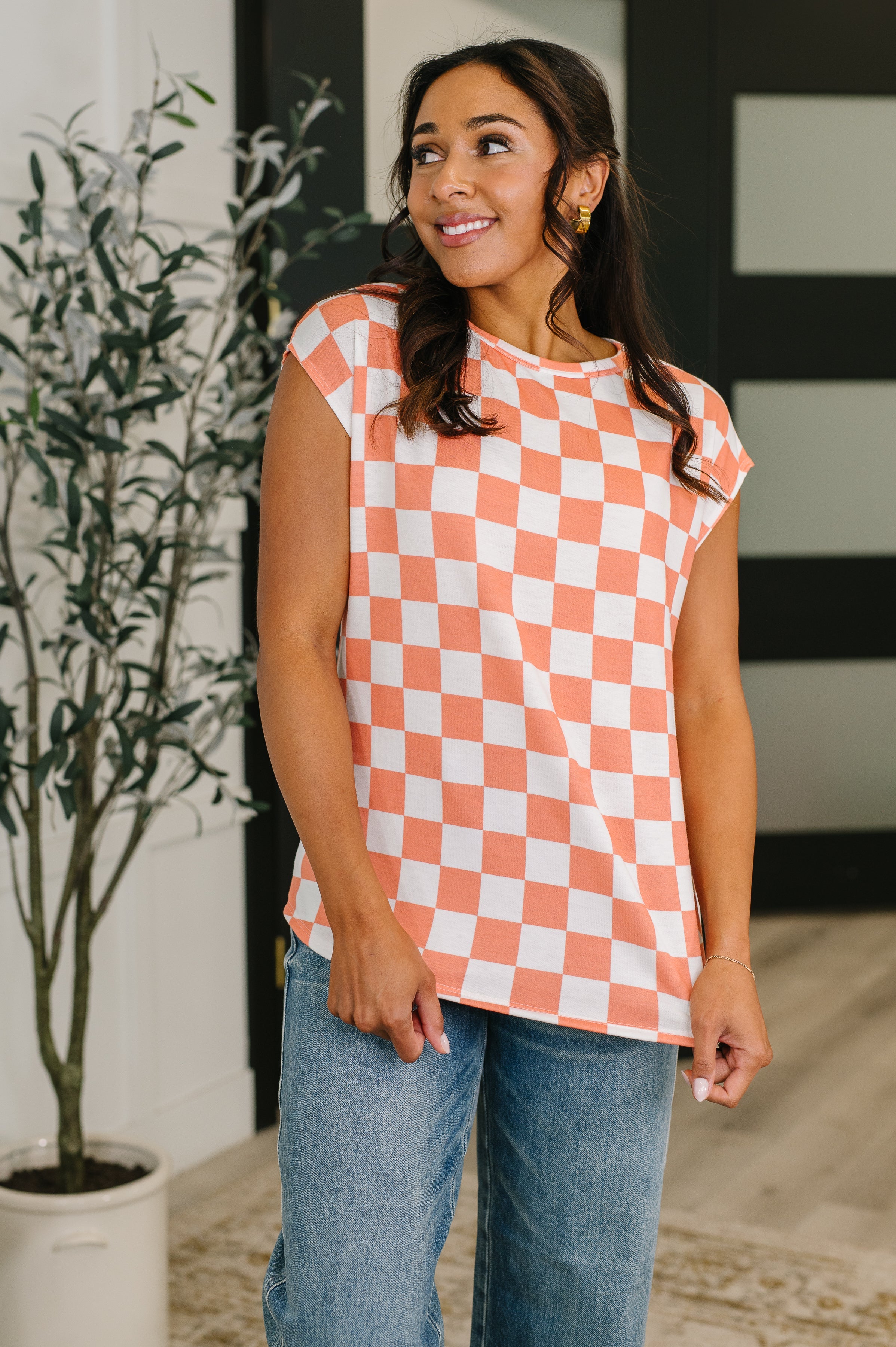 Check Hers Round Neck Top in Orange-Womens-Stay Foxy Boutique, Florissant, Missouri
