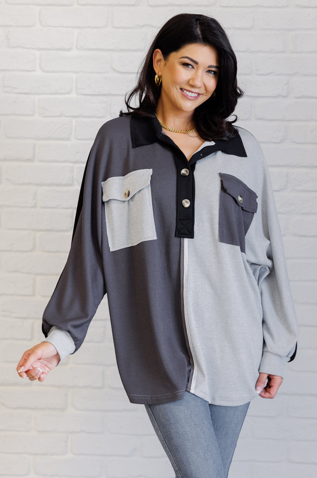 Chip Off the Old Colorblock V-Neck Henley in Grey-Tops-Stay Foxy Boutique, Florissant, Missouri