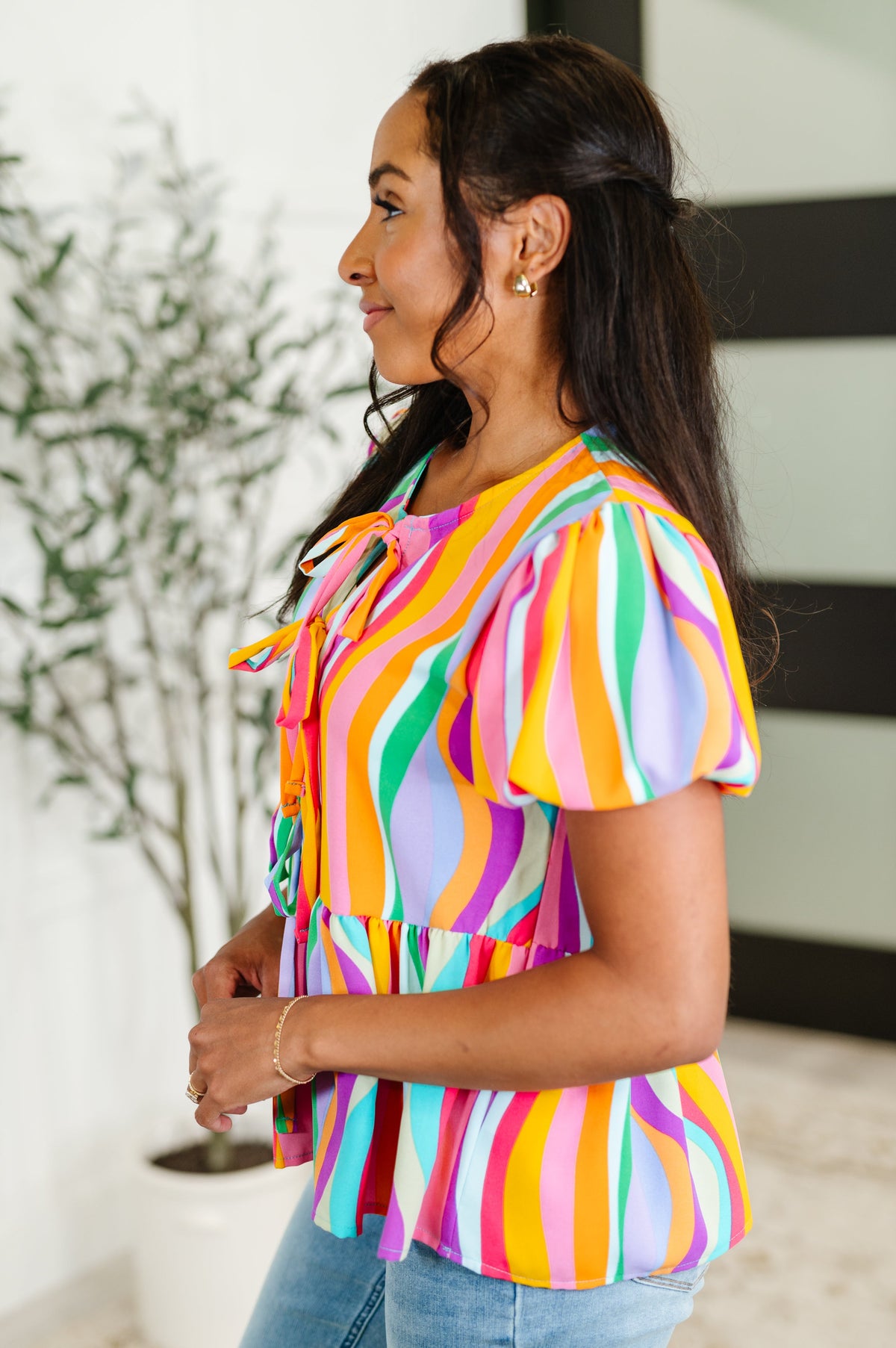 Chromatide Puff Sleeve Blouse in Mint/Orange-Womens-Stay Foxy Boutique, Florissant, Missouri