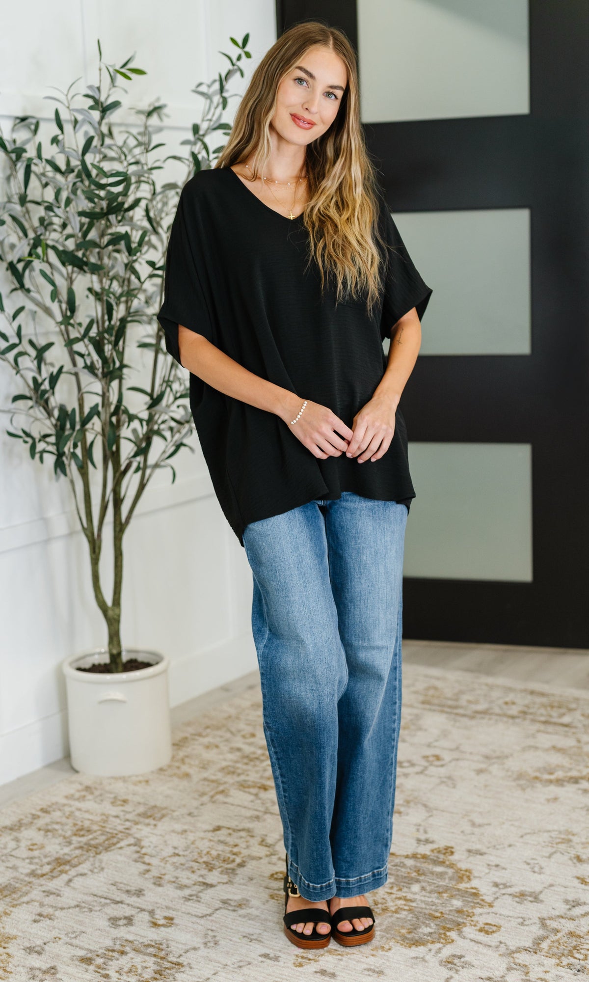 Coastal Ease V-Neck Top in Black-Womens-Stay Foxy Boutique, Florissant, Missouri