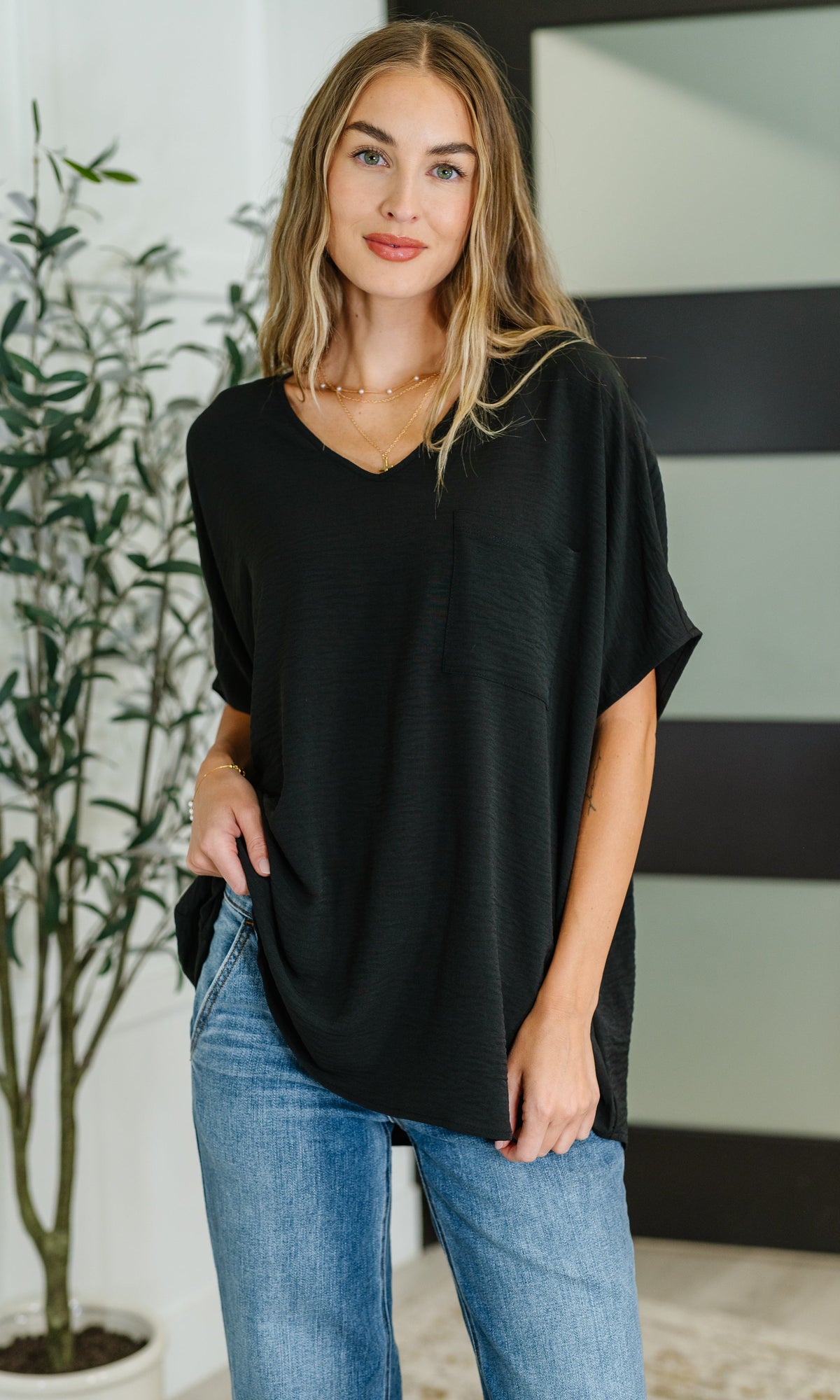 Coastal Ease V-Neck Top in Black-Womens-Stay Foxy Boutique, Florissant, Missouri